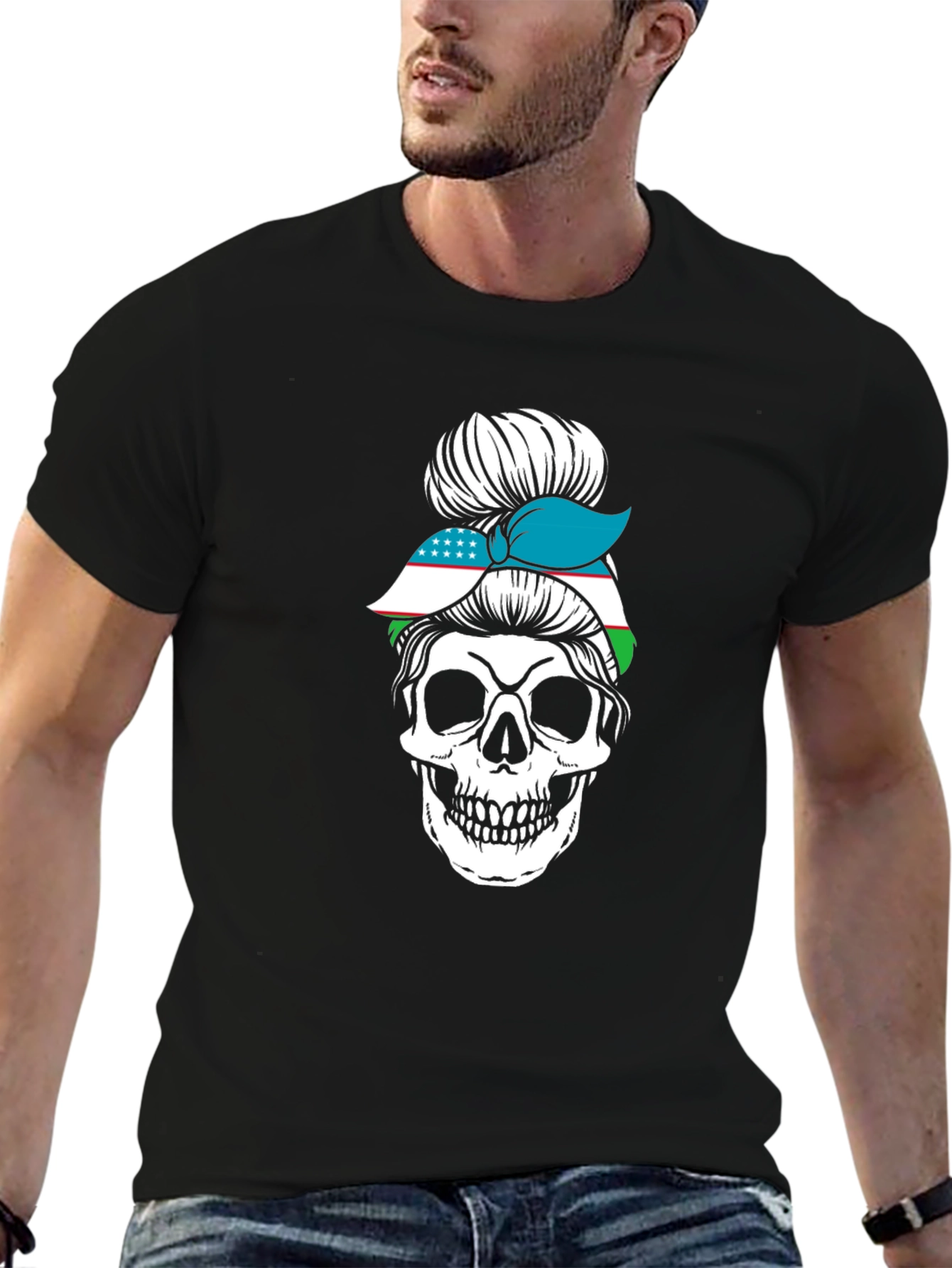 Skull Messy Bun Uzbekistan Flag T-Shirt