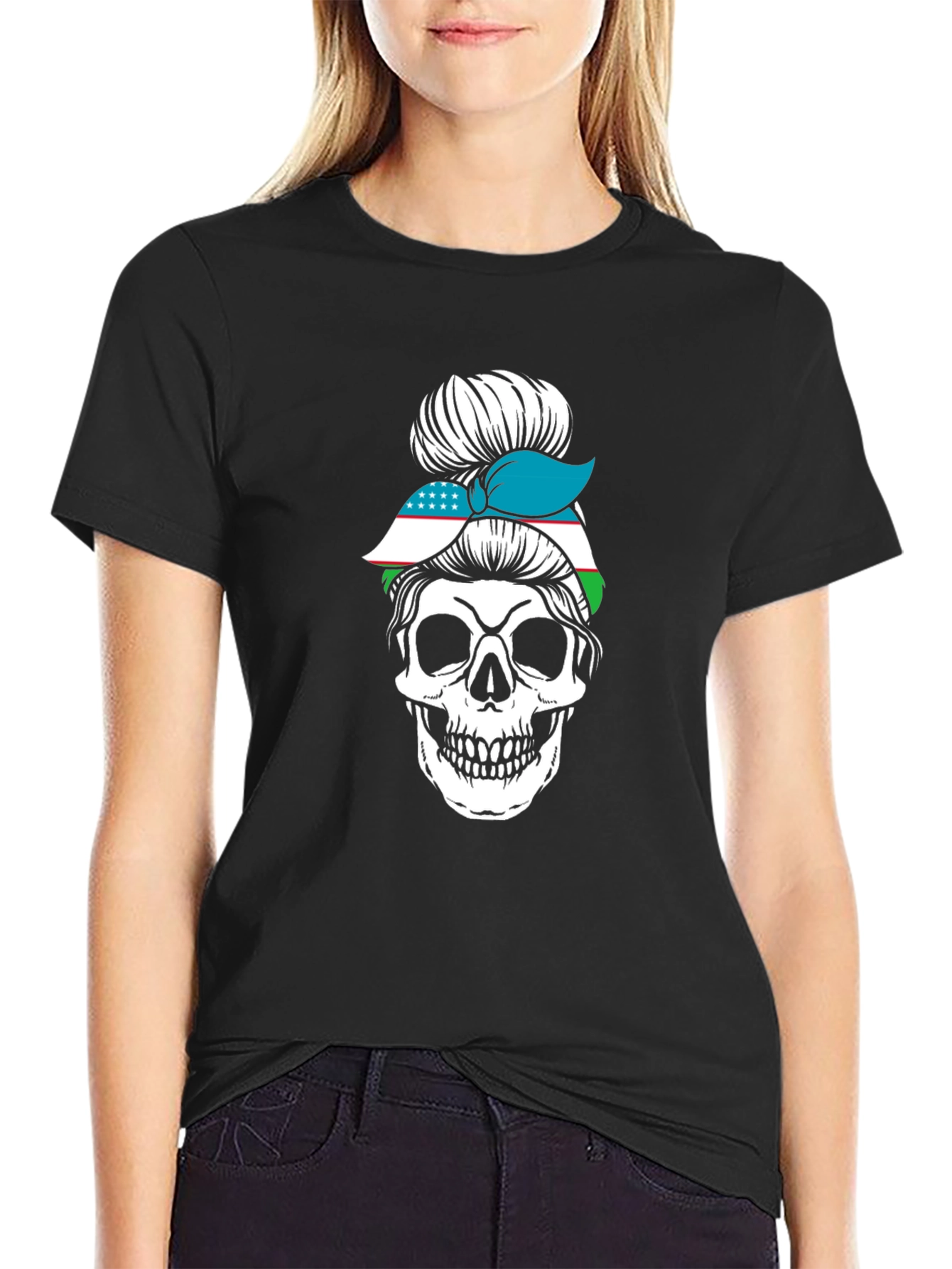 Skull Messy Bun Uzbekistan Flag T-Shirt