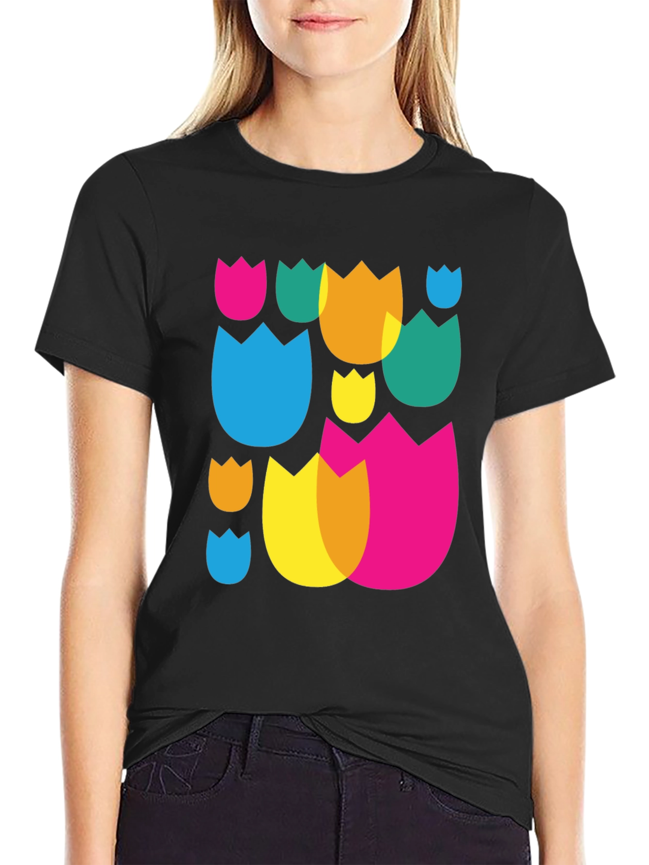 Abstract Floral Pattern Black Crew Neck T-Shirt