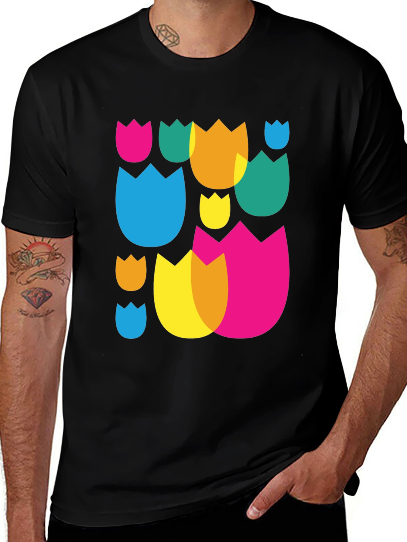 Abstract Floral Pattern Black Crew Neck T-Shirt