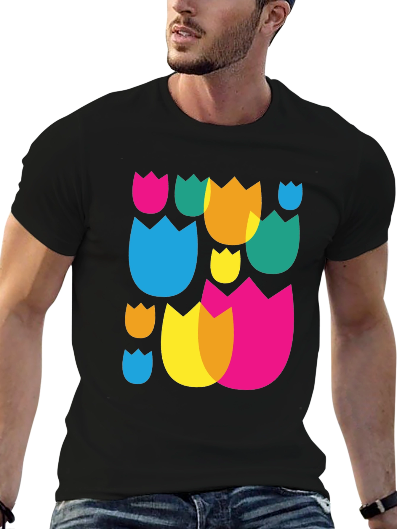 Abstract Floral Pattern Black Crew Neck T-Shirt