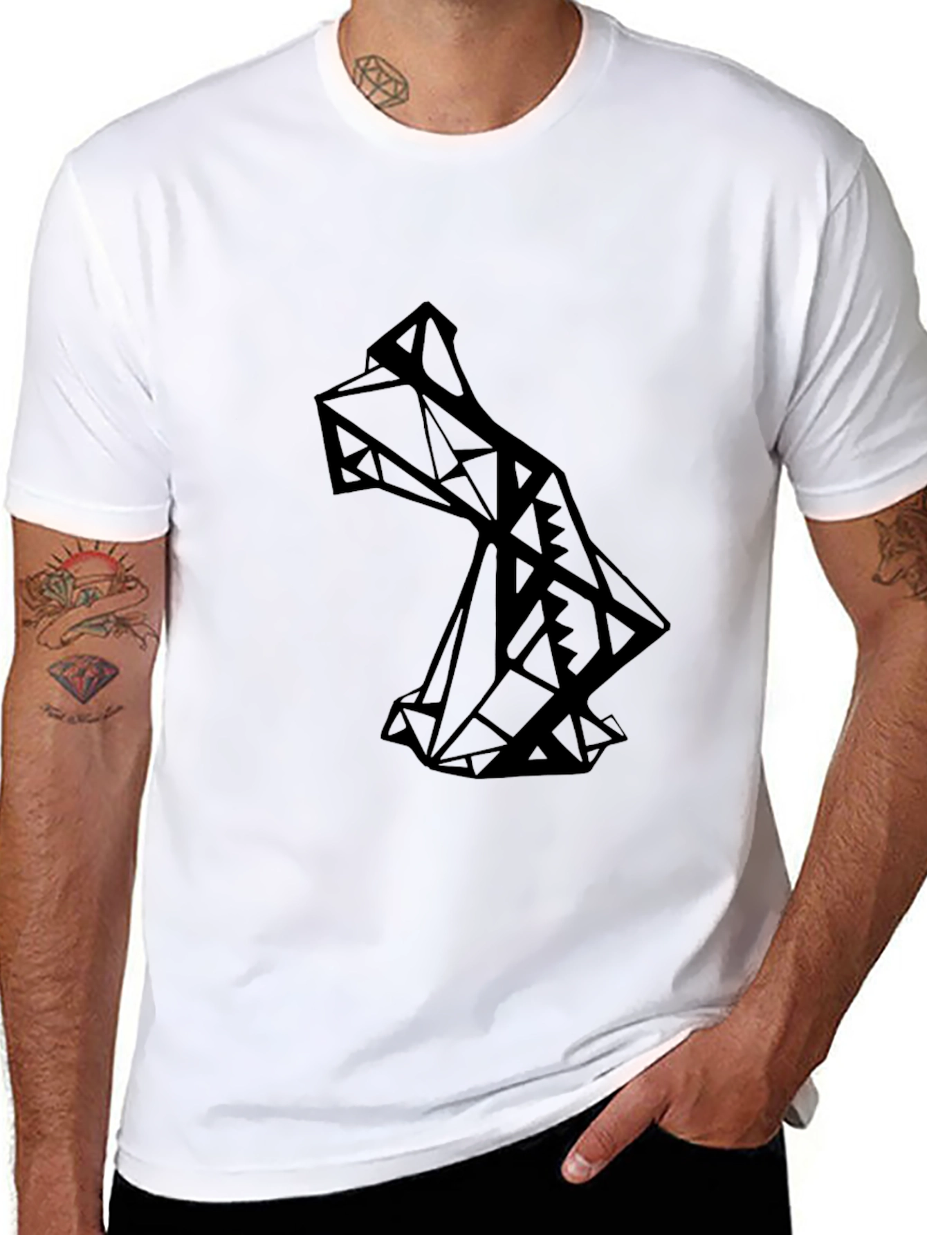 Geometric Wolf Graphic Tee - Modern Mens Black T-Shirt