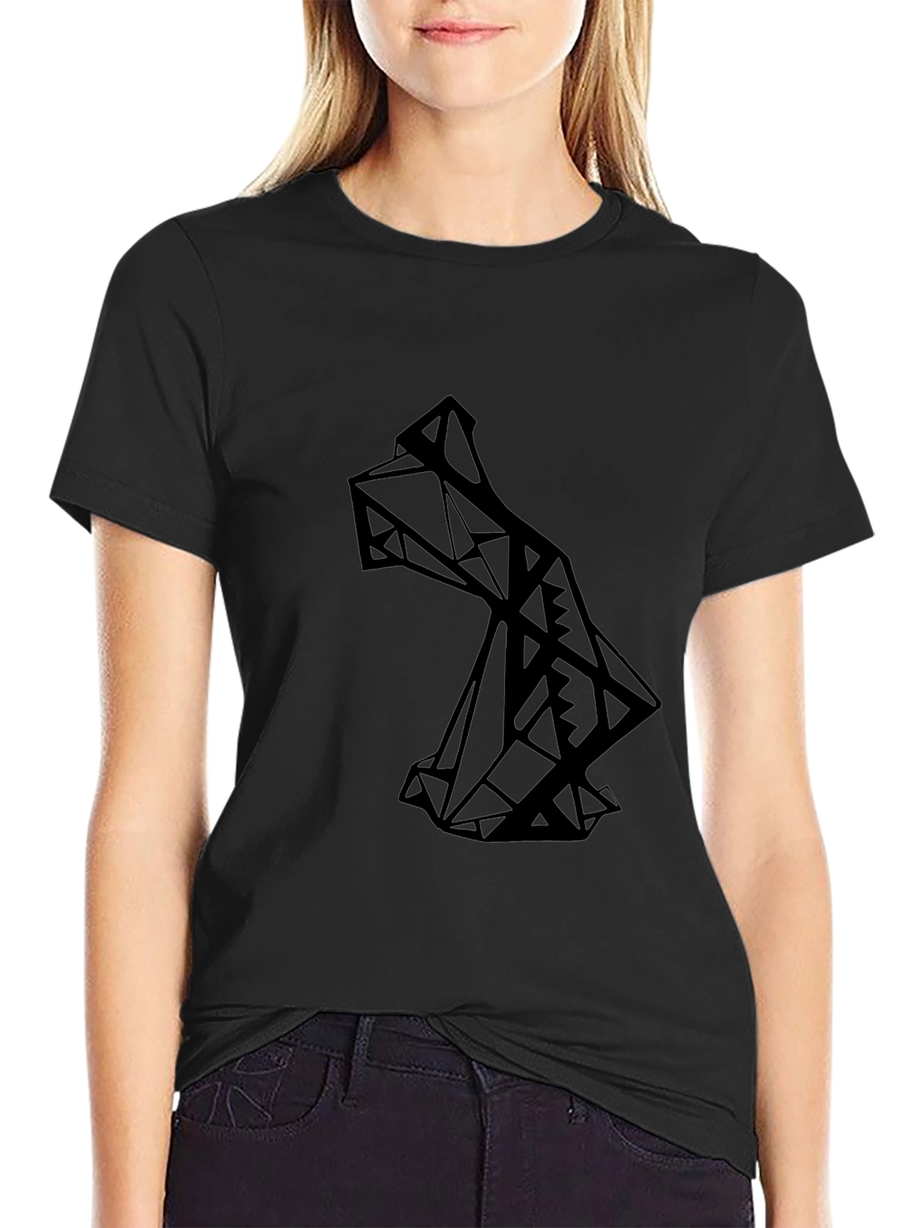 Geometric Wolf Graphic Tee - Modern Mens Black T-Shirt