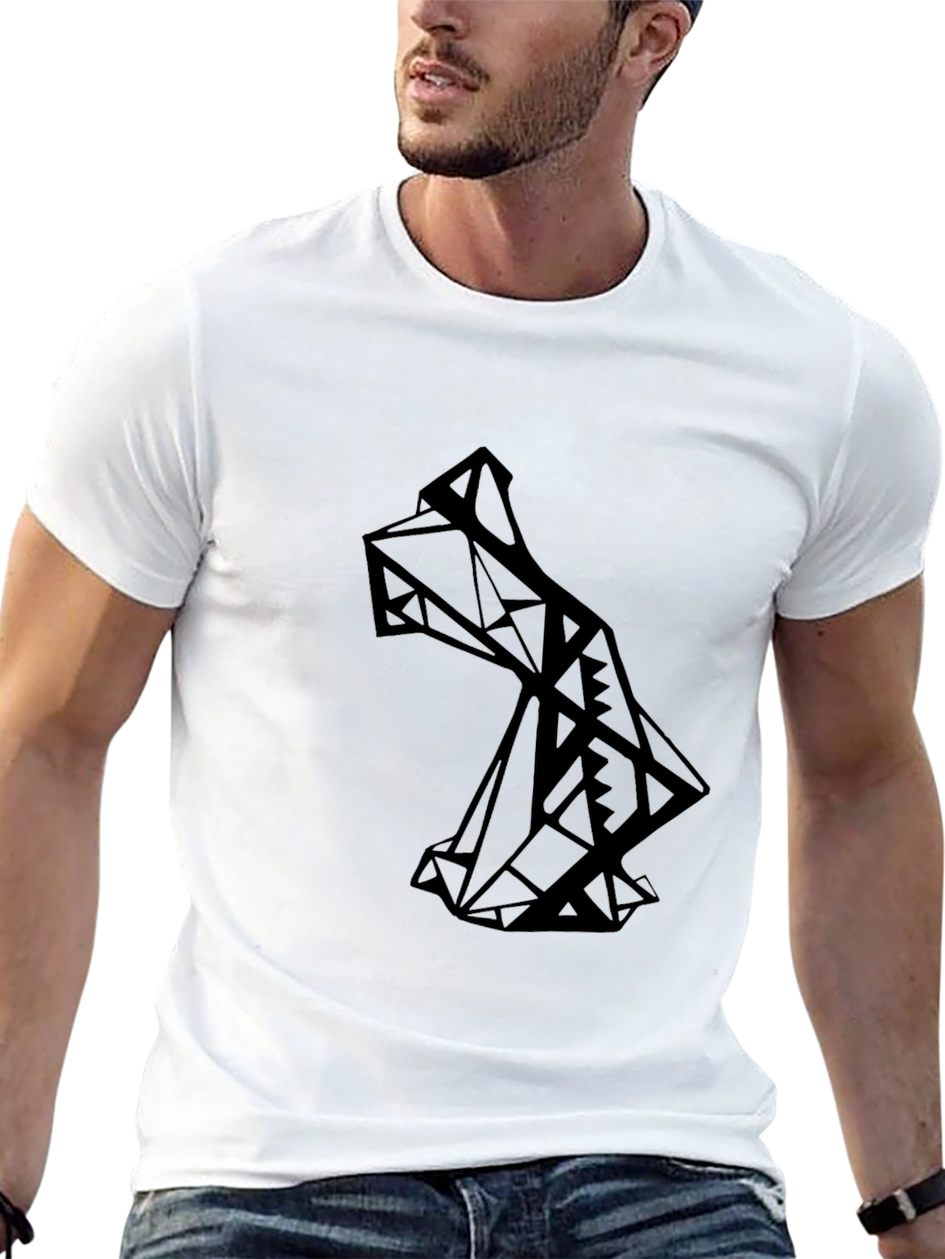 Geometric Wolf Graphic Tee - Modern Mens Black T-Shirt