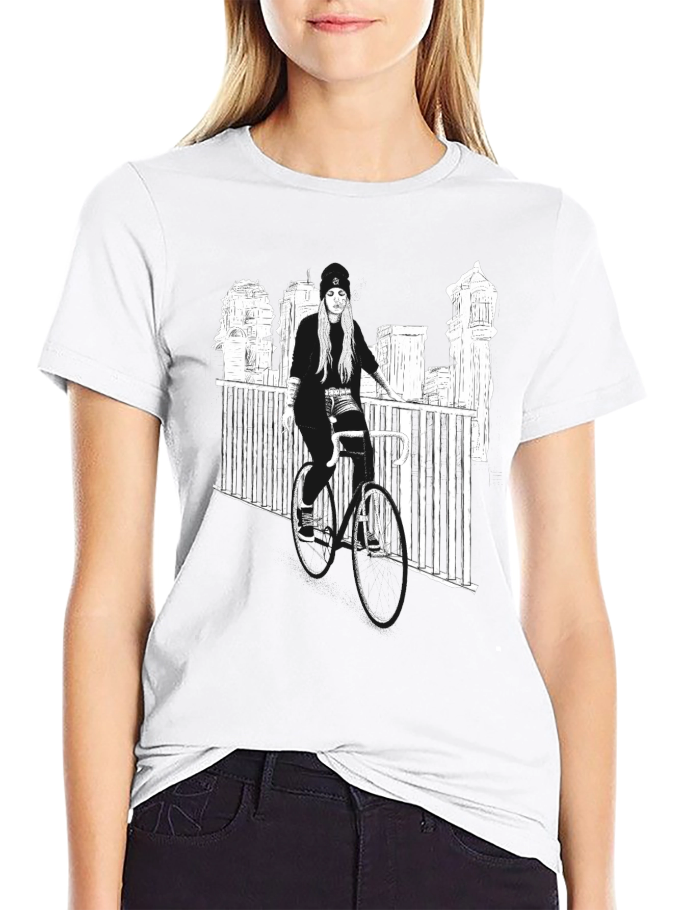 Black Graphic Tee - Woman on Bike Urban Design