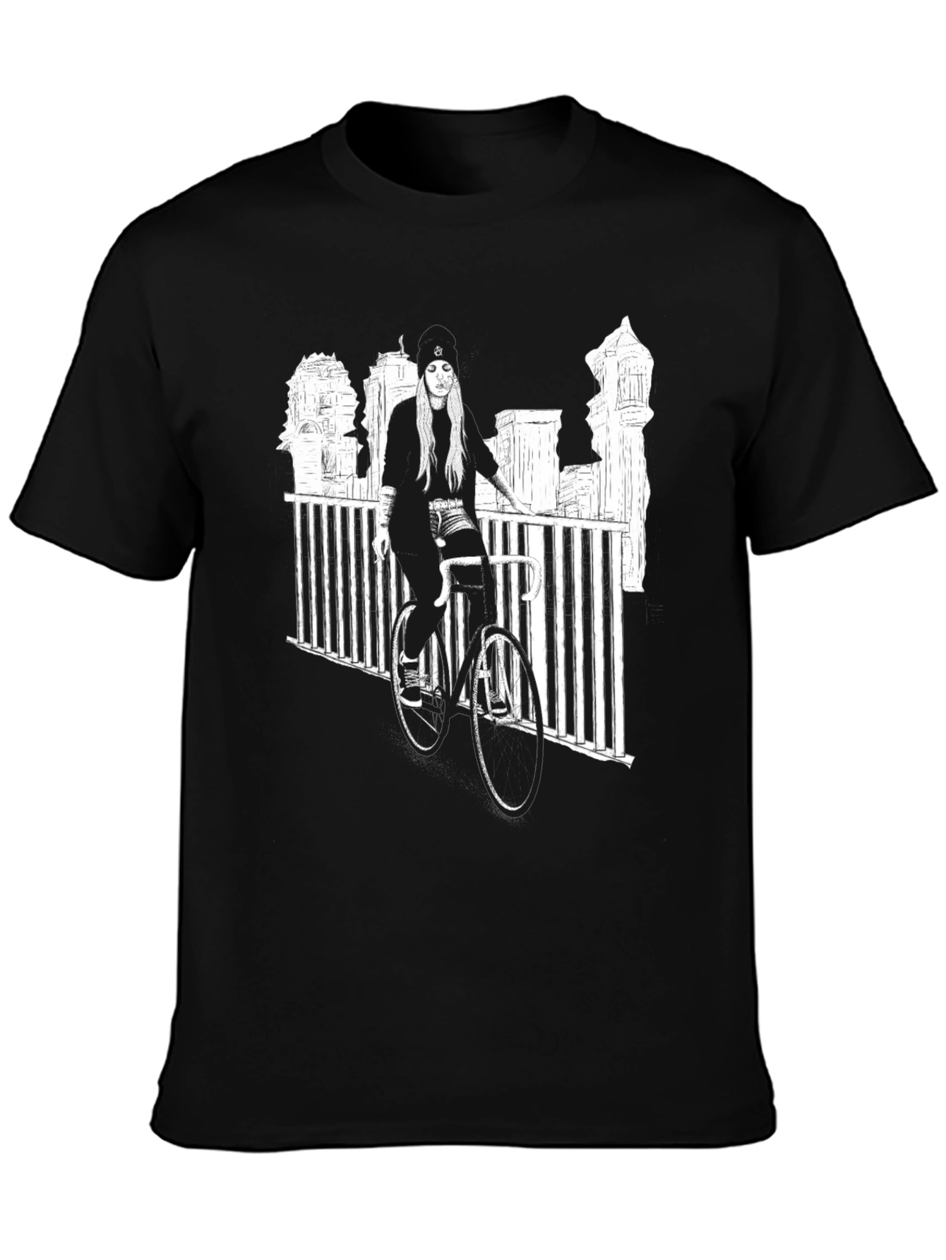 Black Graphic Tee - Woman on Bike Urban Design