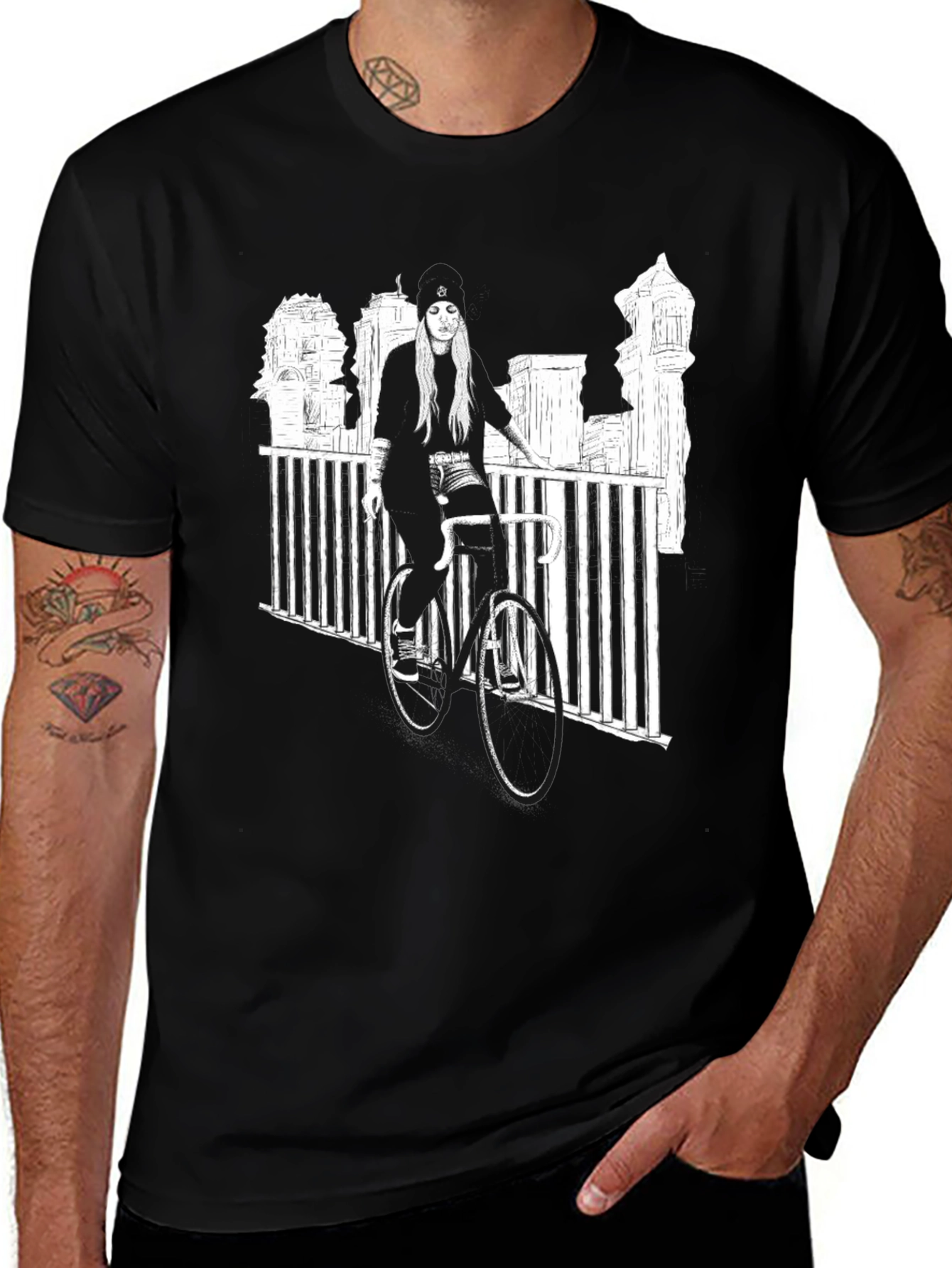 Black Graphic Tee - Woman on Bike Urban Design