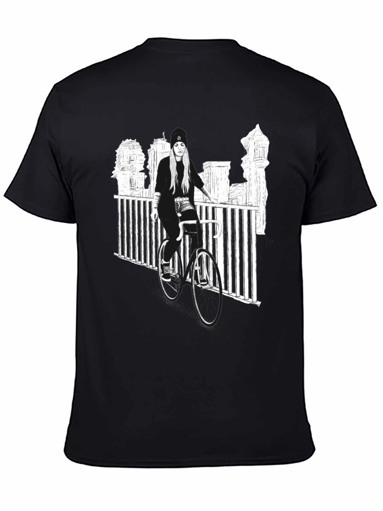 Black Graphic Tee - Woman on Bike Urban Design