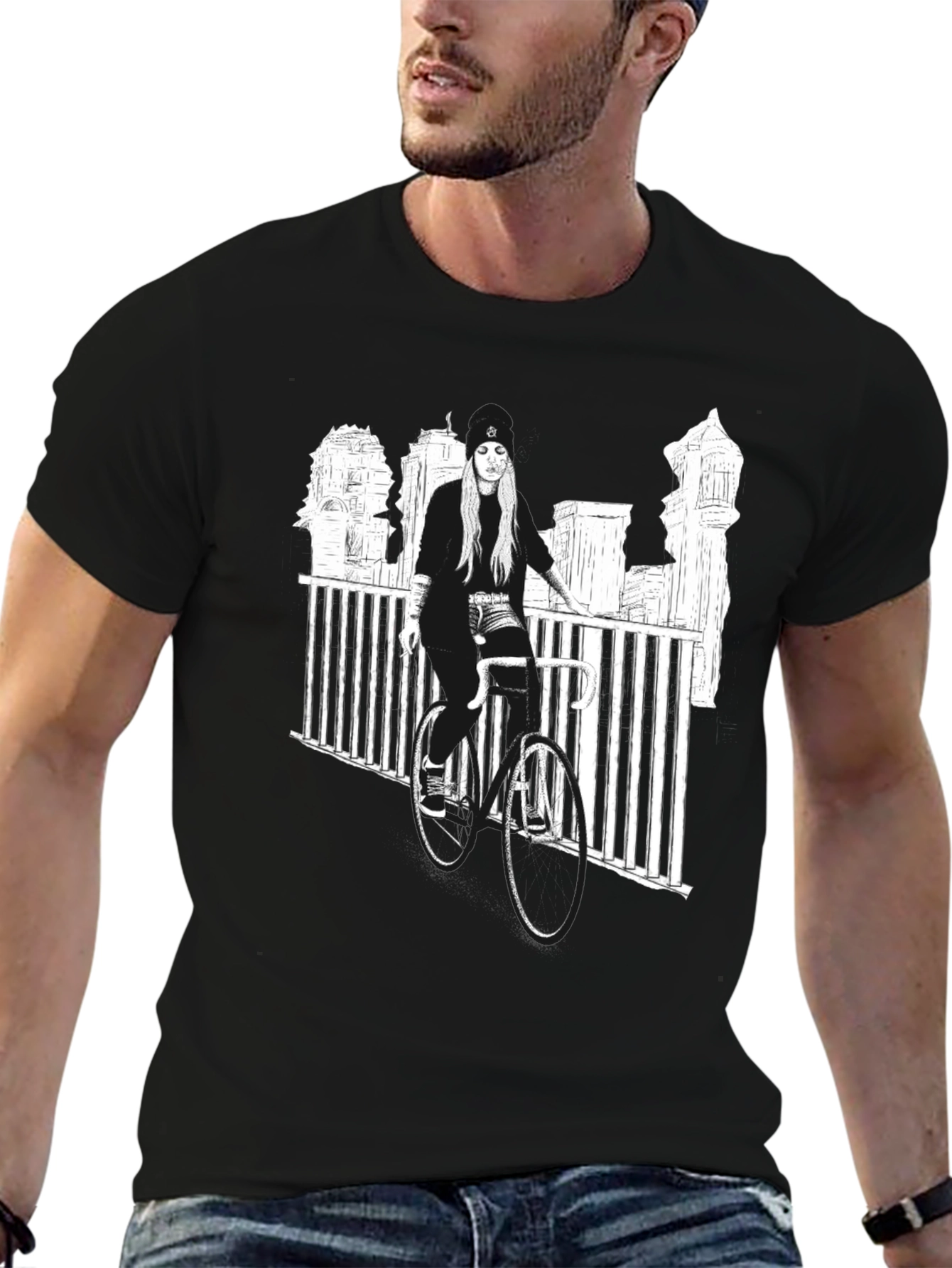 Black Graphic Tee - Woman on Bike Urban Design