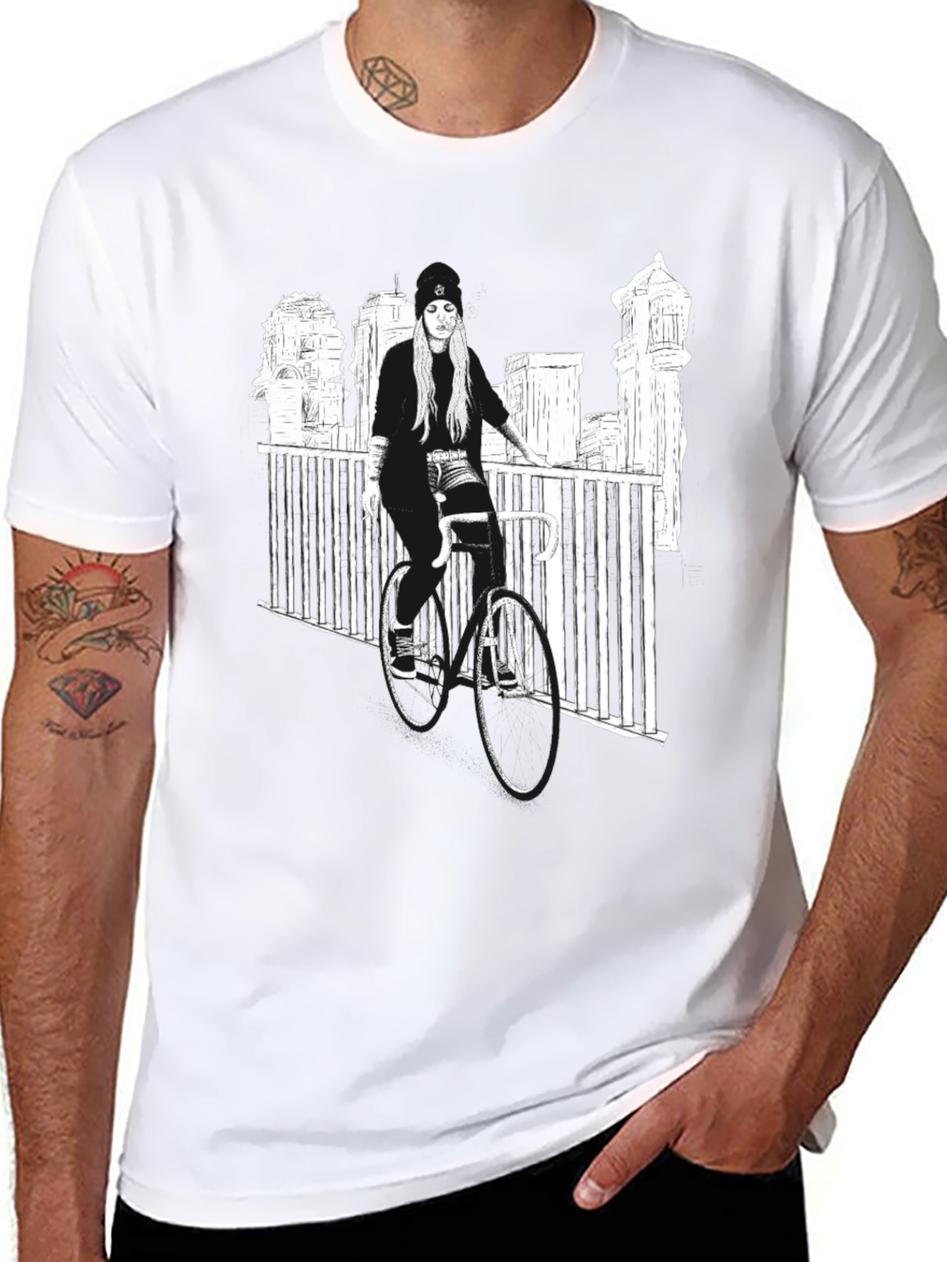 Black Graphic Tee - Woman on Bike Urban Design