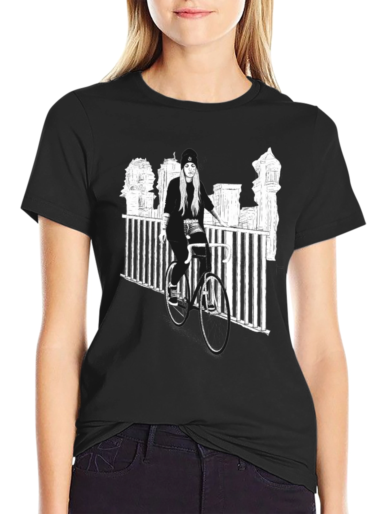 Black Graphic Tee - Woman on Bike Urban Design