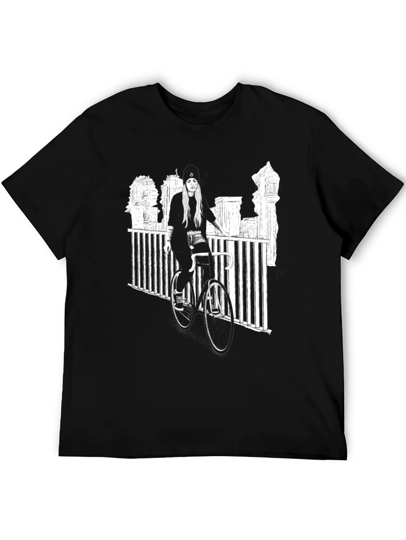 Black Graphic Tee - Woman on Bike Urban Design