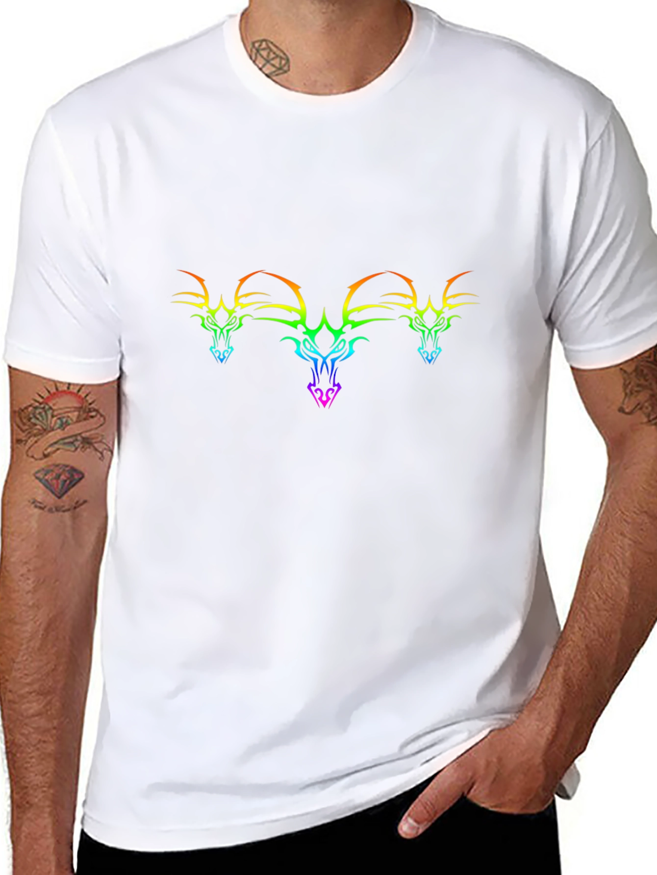 Rainbow Dragon Head Tee - Black Cotton Graphic T-Shirt