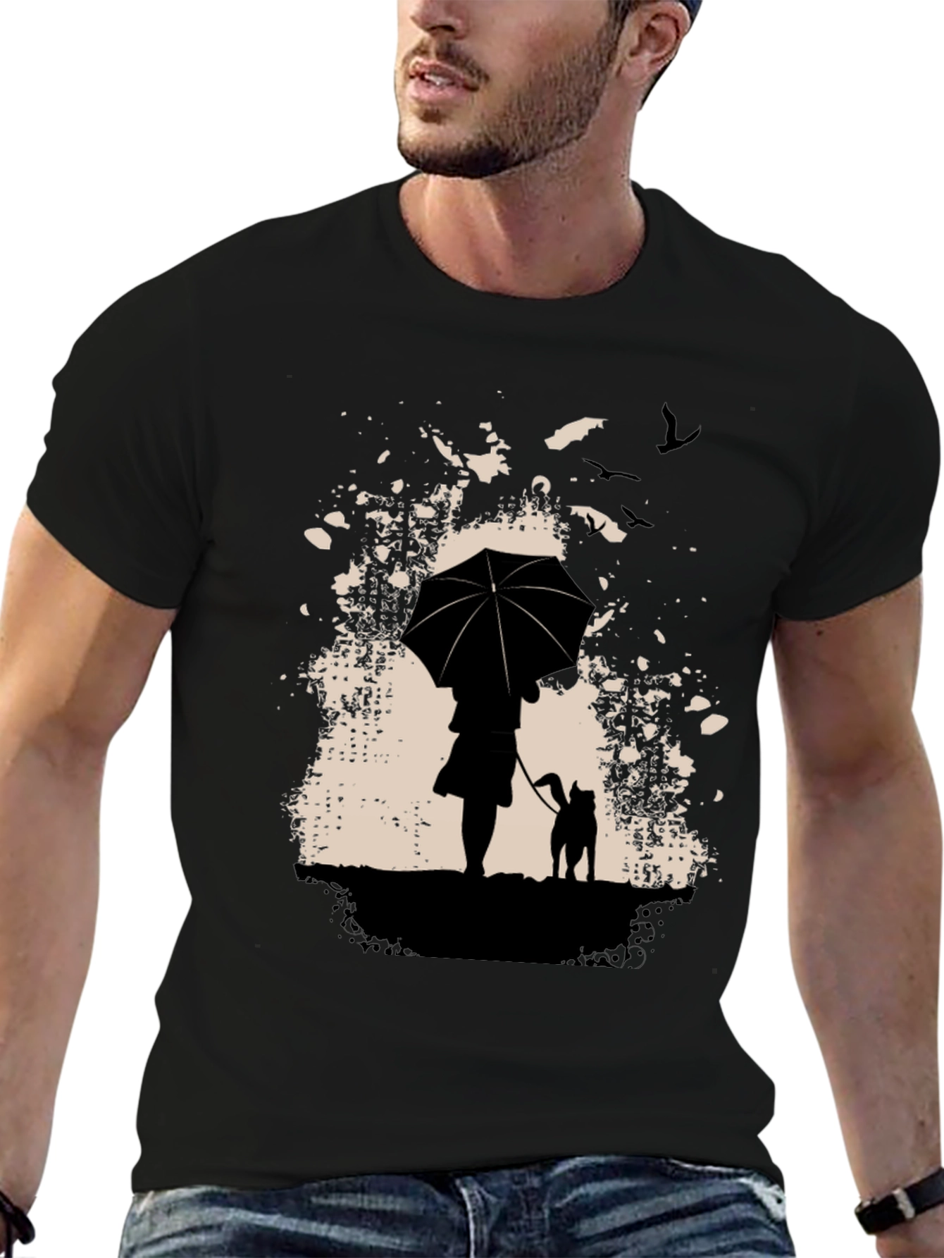 Rainy Day Walk T-Shirt - Umbrella & Dog Silhouette