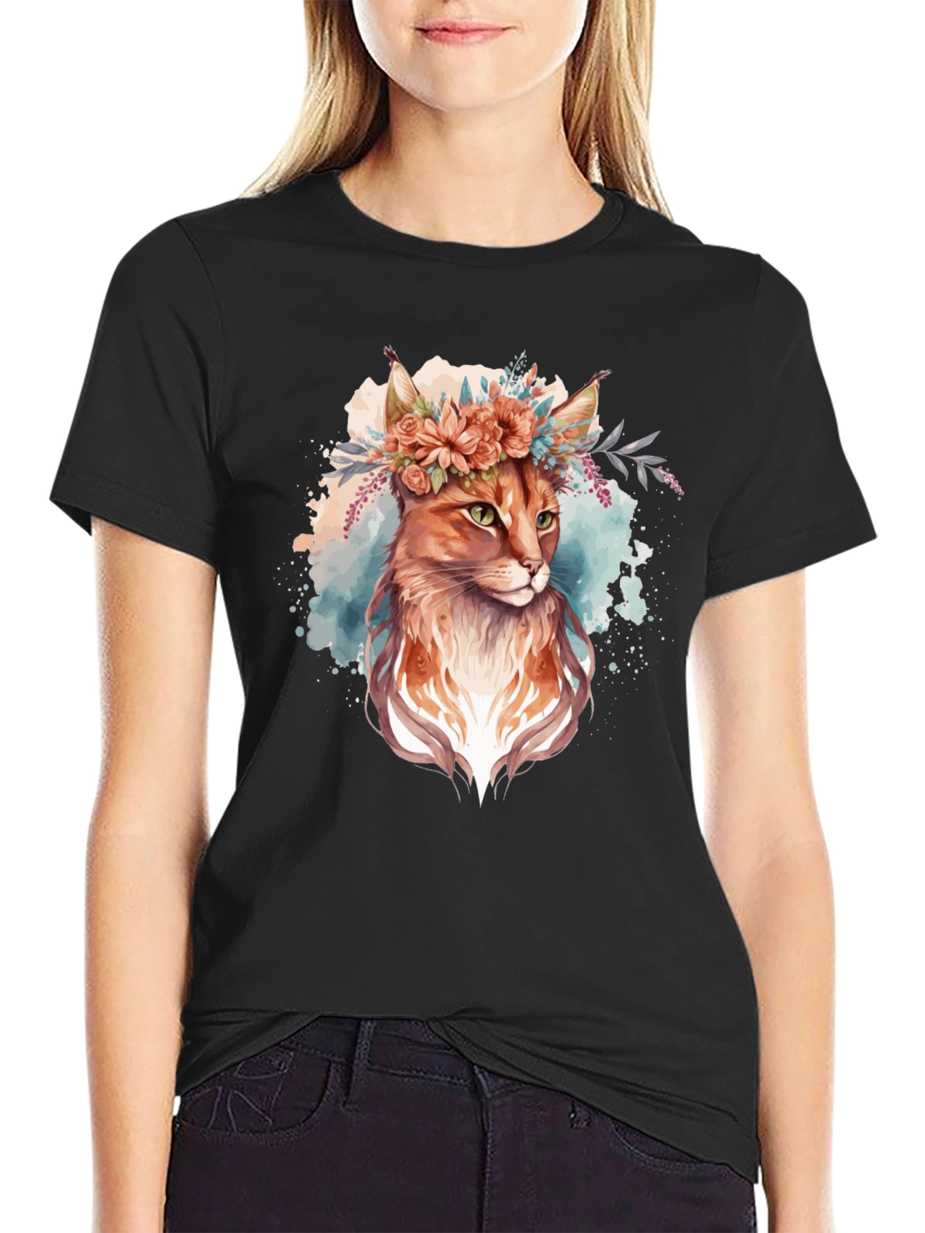 Floral Cat Graphic Black Tee