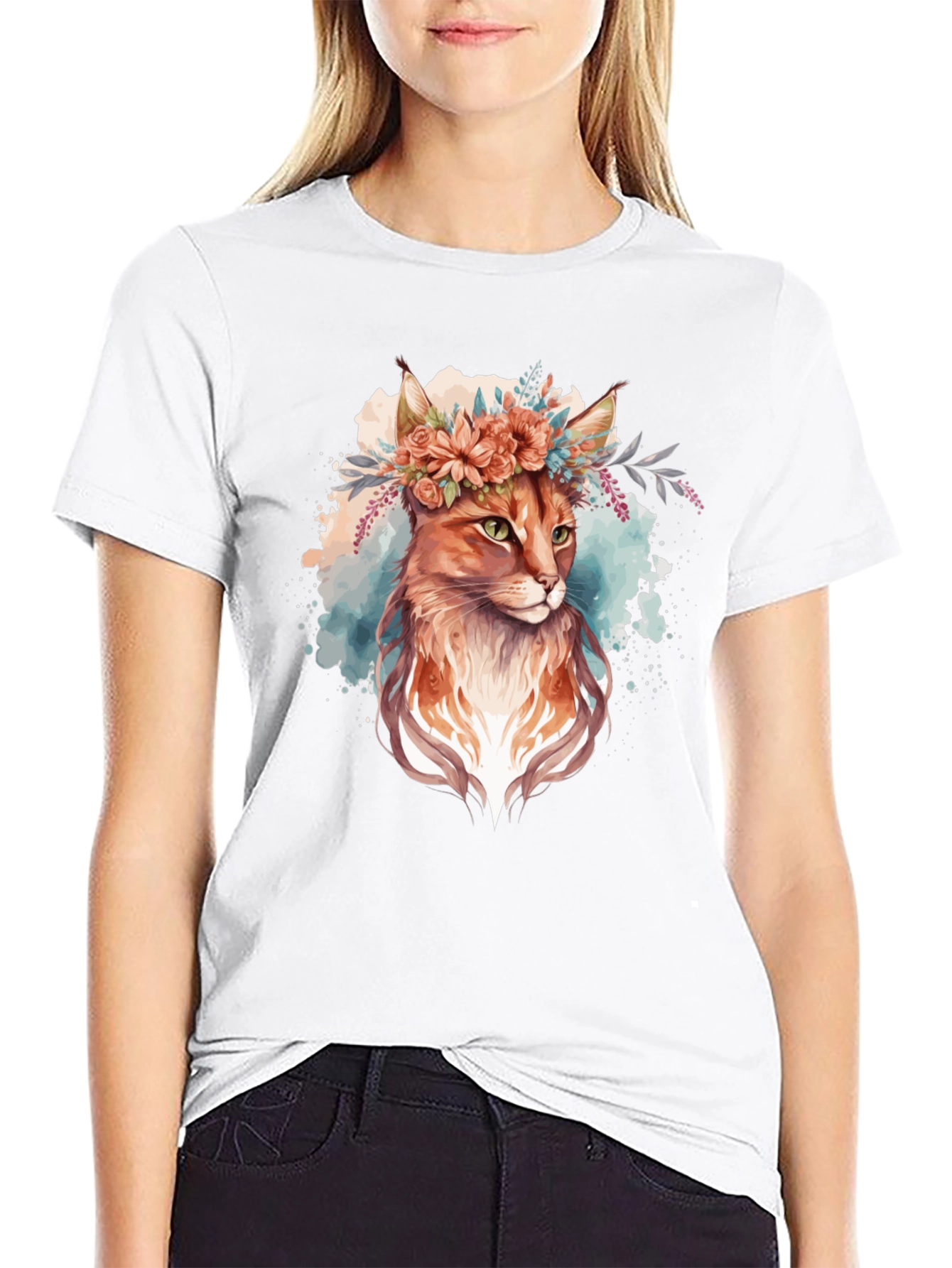 Floral Cat Graphic Black Tee