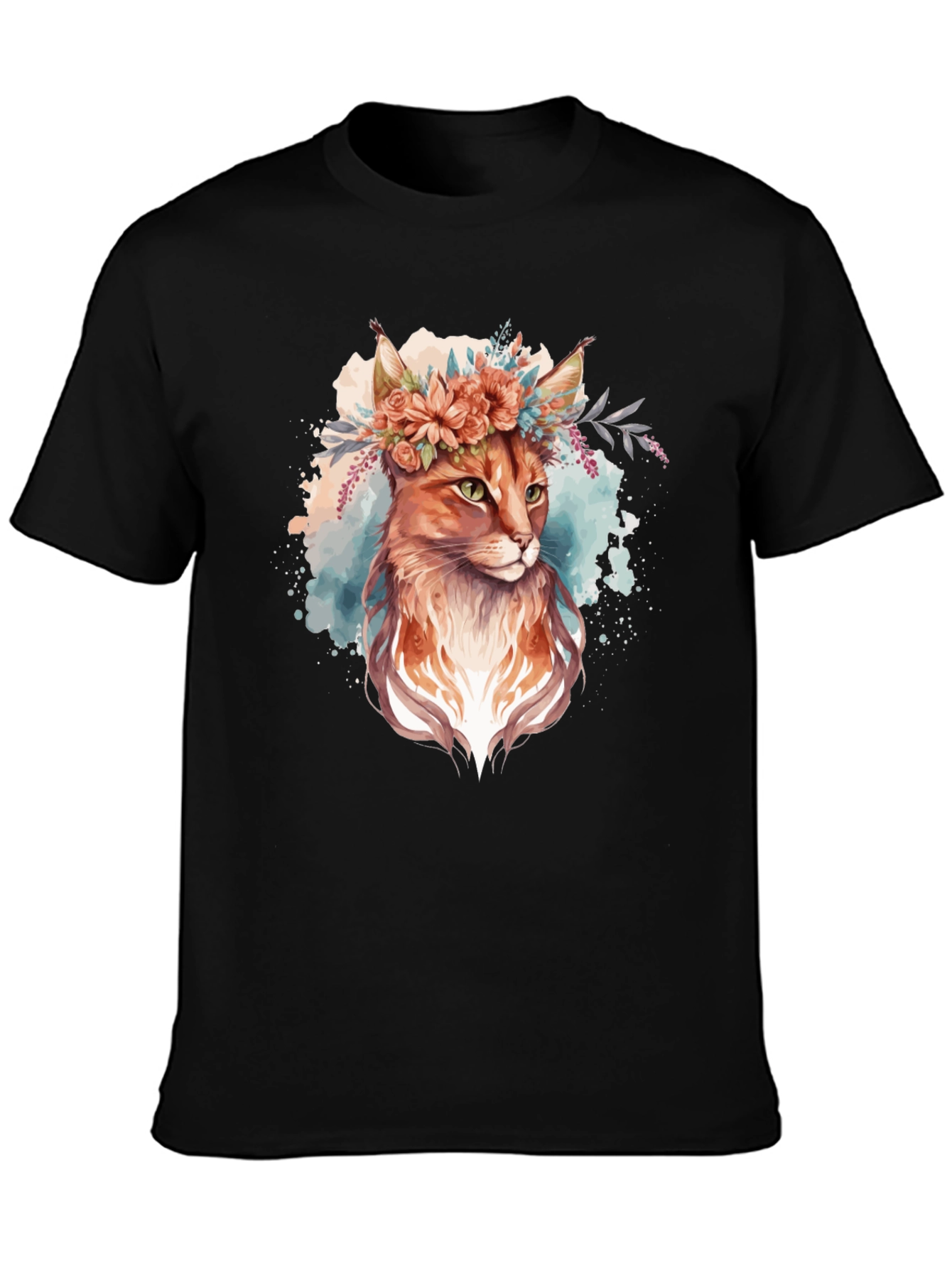 Floral Cat Graphic Black Tee