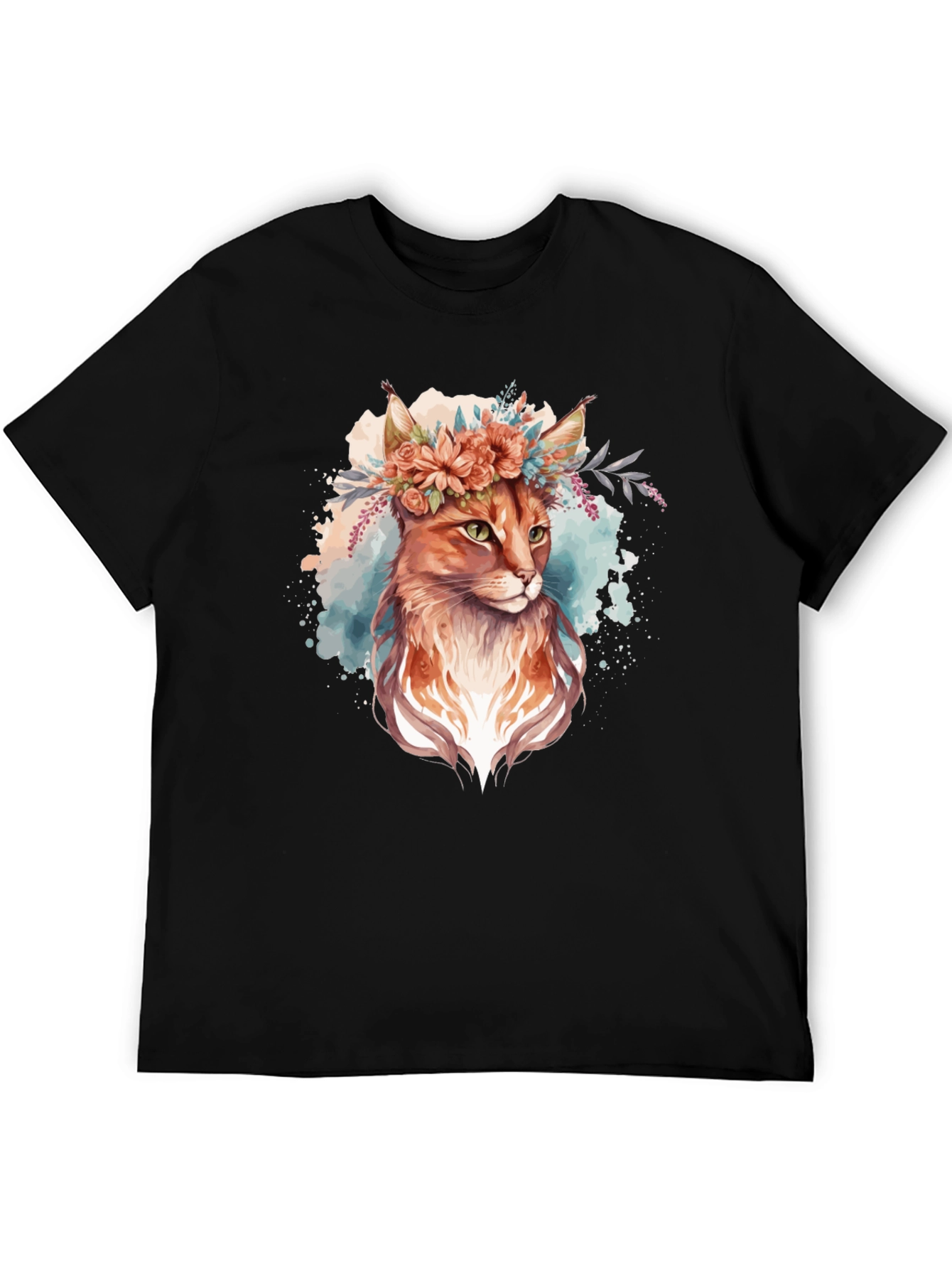 Floral Cat Graphic Black Tee