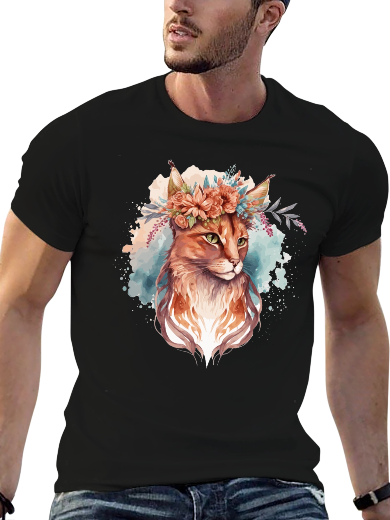 Floral Cat Graphic Black Tee