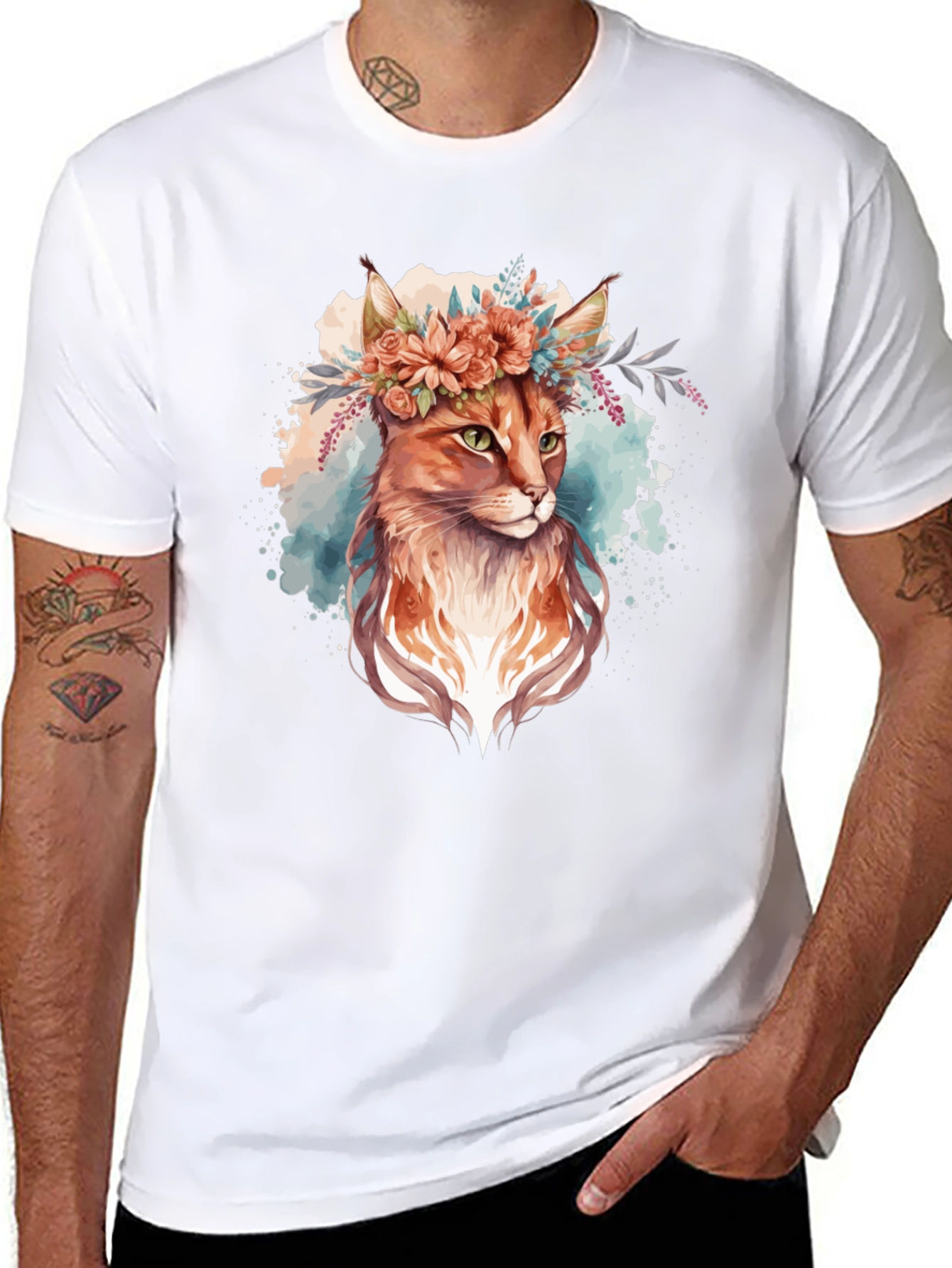 Floral Cat Graphic Black Tee