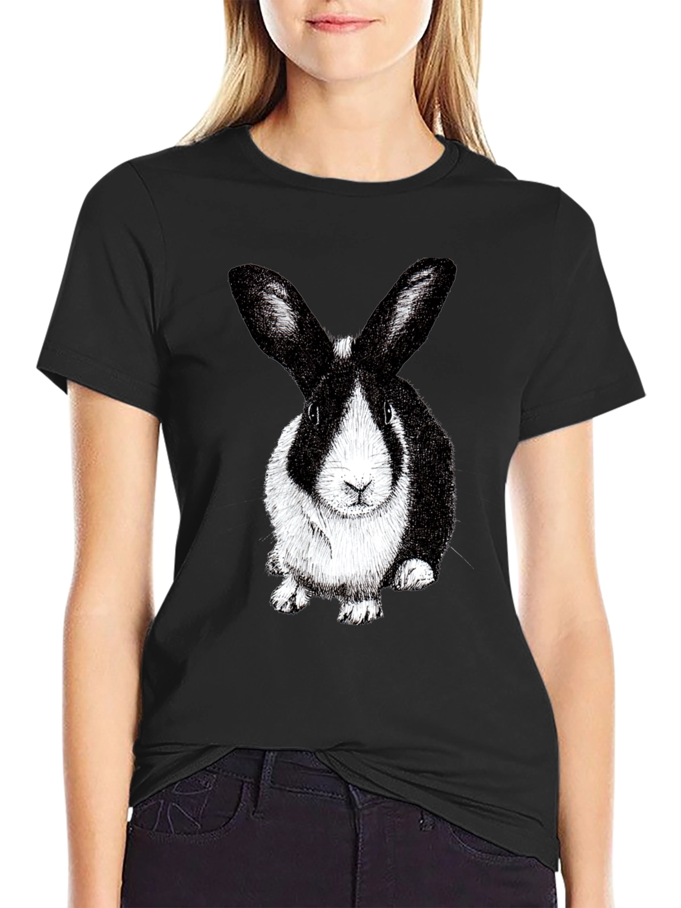 Rabbit Graphic Tee - Black Cotton Blend T-Shirt
