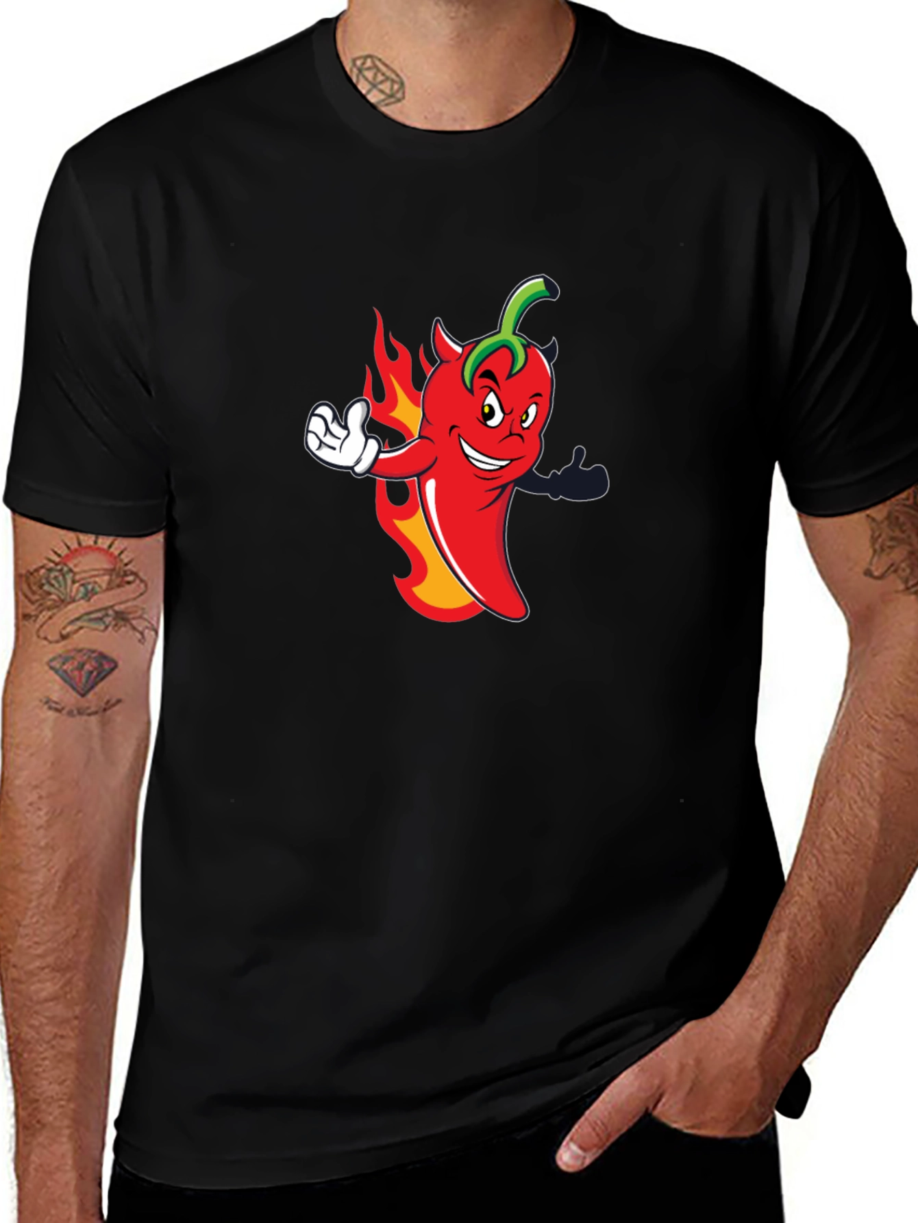 Spicy Chili Pepper Cartoon Graphic Black T-Shirt