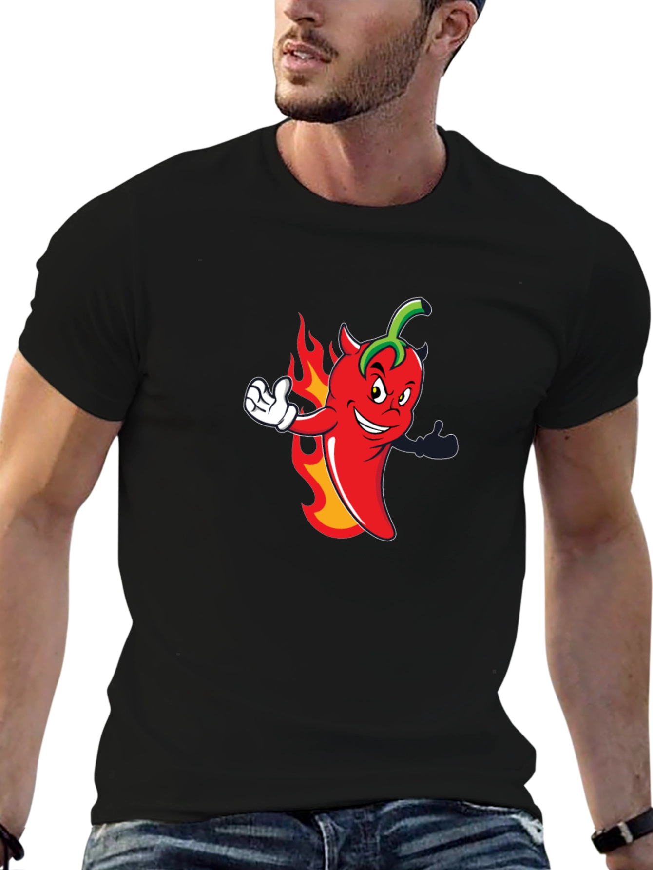 Spicy Chili Pepper Cartoon Graphic Black T-Shirt