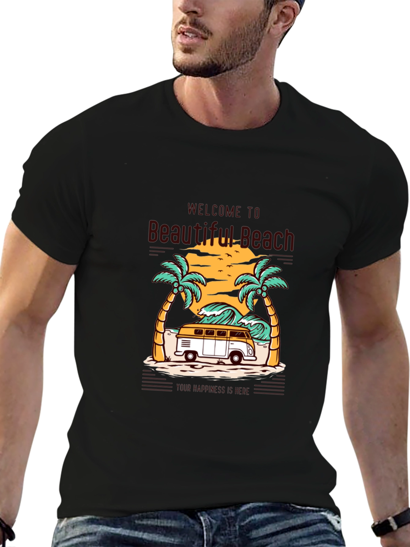 Beautiful Beach Graphic Tee - Surfing Van Summer Vibes