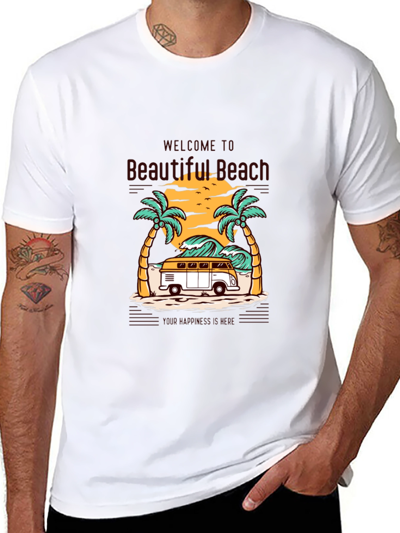 Beautiful Beach Graphic Tee - Surfing Van Summer Vibes