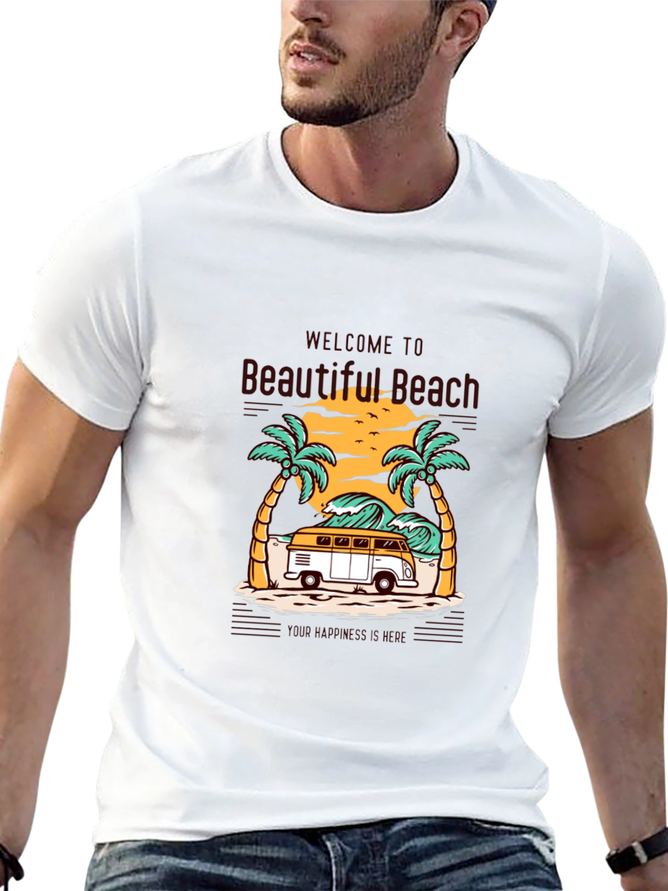 Beautiful Beach Graphic Tee - Surfing Van Summer Vibes