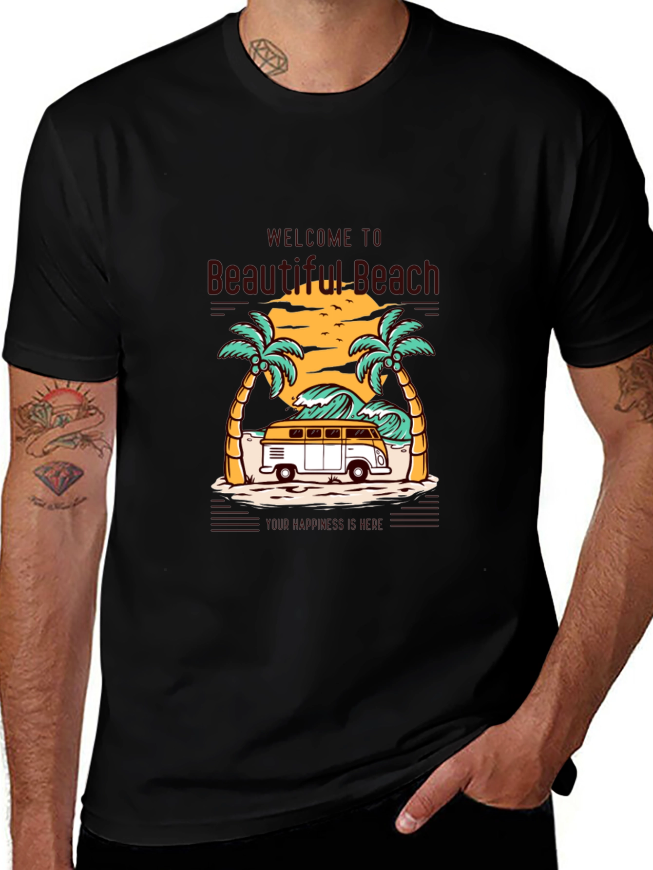 Beautiful Beach Graphic Tee - Surfing Van Summer Vibes