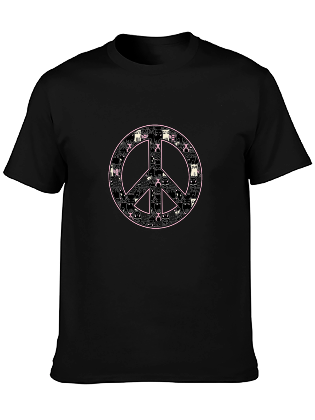 Peace Sign Cat Pattern Black T-Shirt