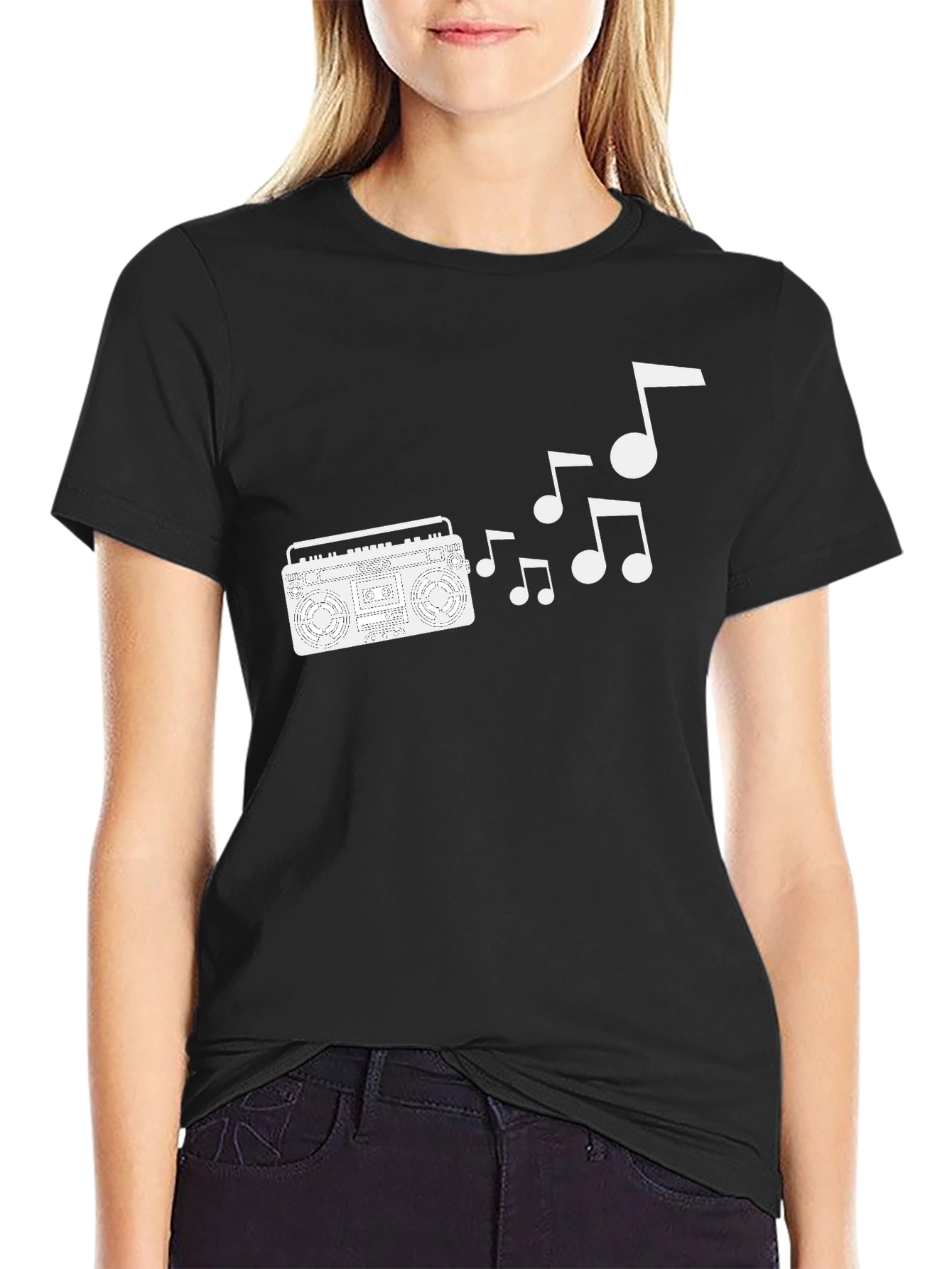 Retro Boombox & Music Notes Black T-Shirt