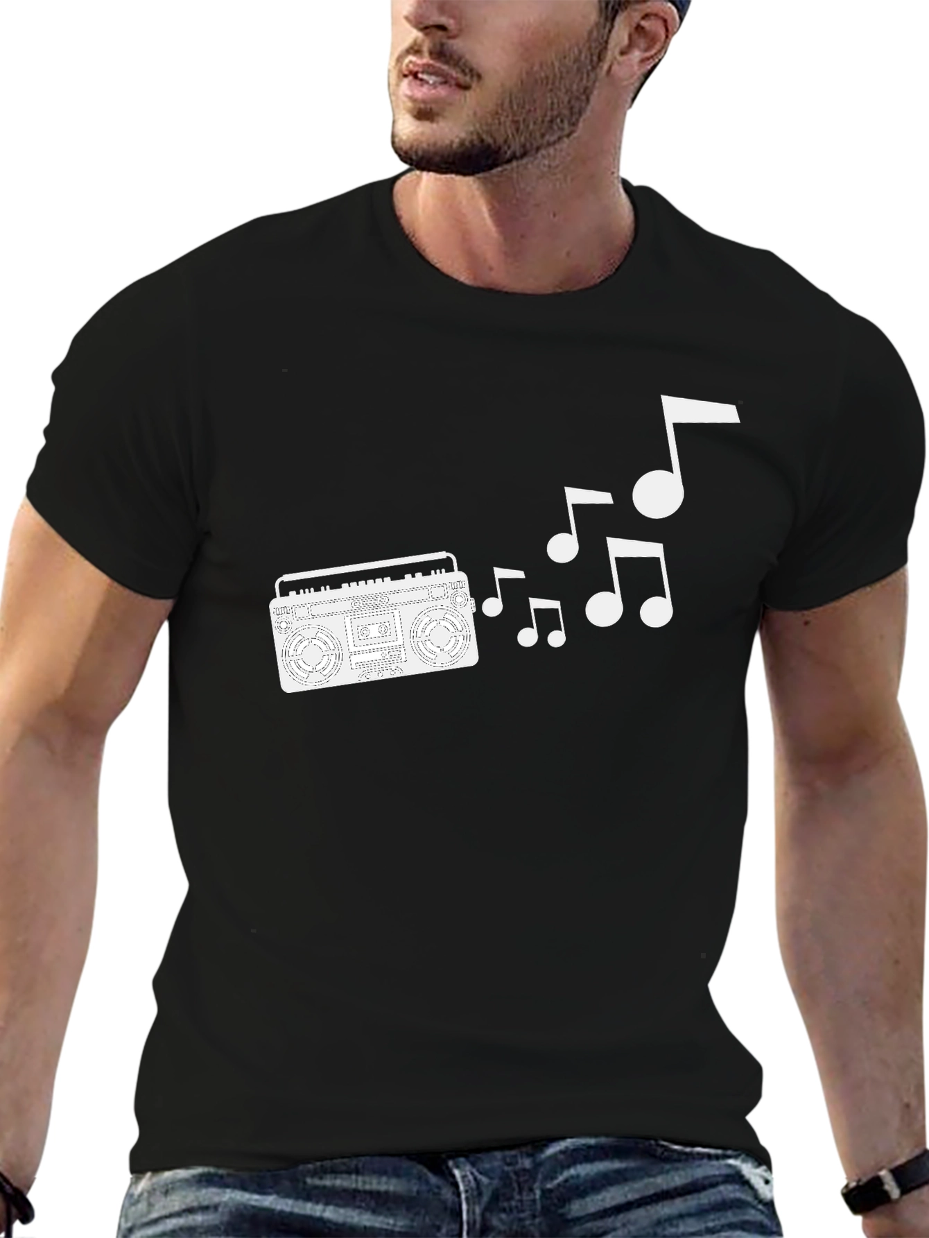 Retro Boombox & Music Notes Black T-Shirt