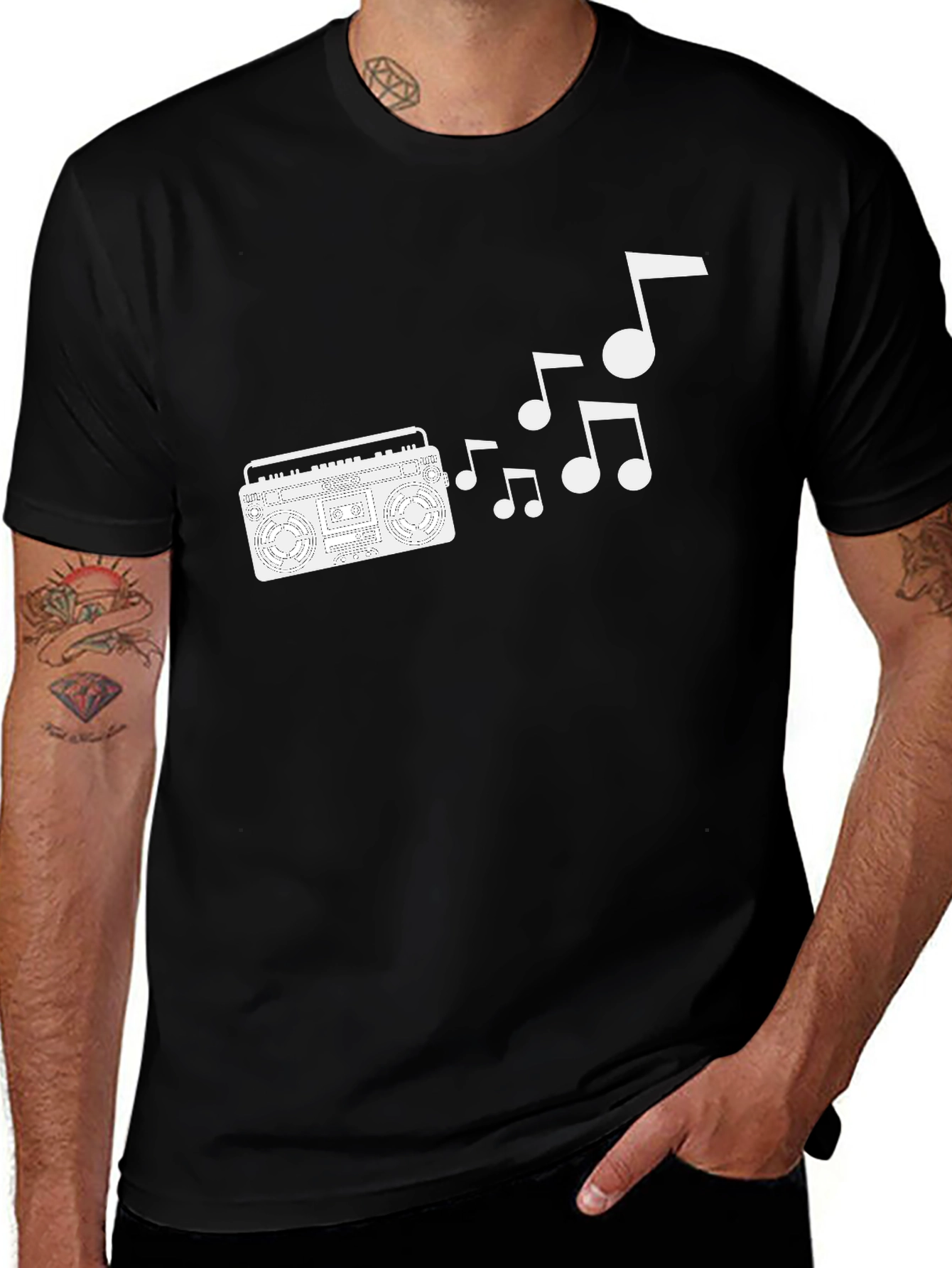 Retro Boombox & Music Notes Black T-Shirt
