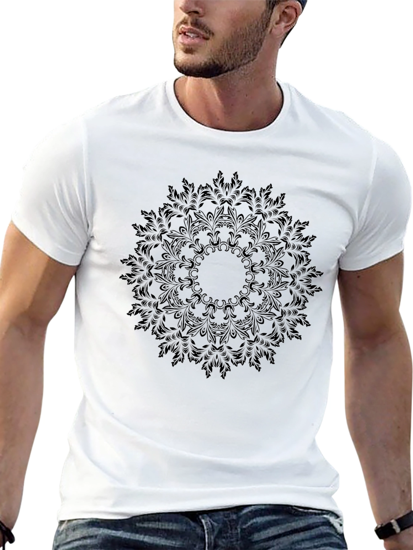Mens Black Floral Mandala Graphic T-Shirt