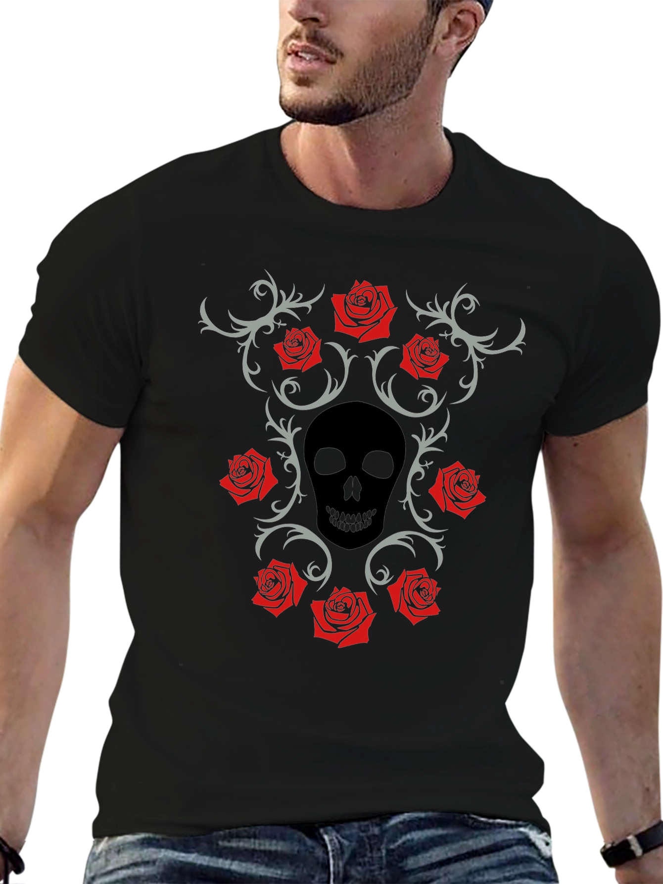 Skull & Roses Graphic Black T-Shirt