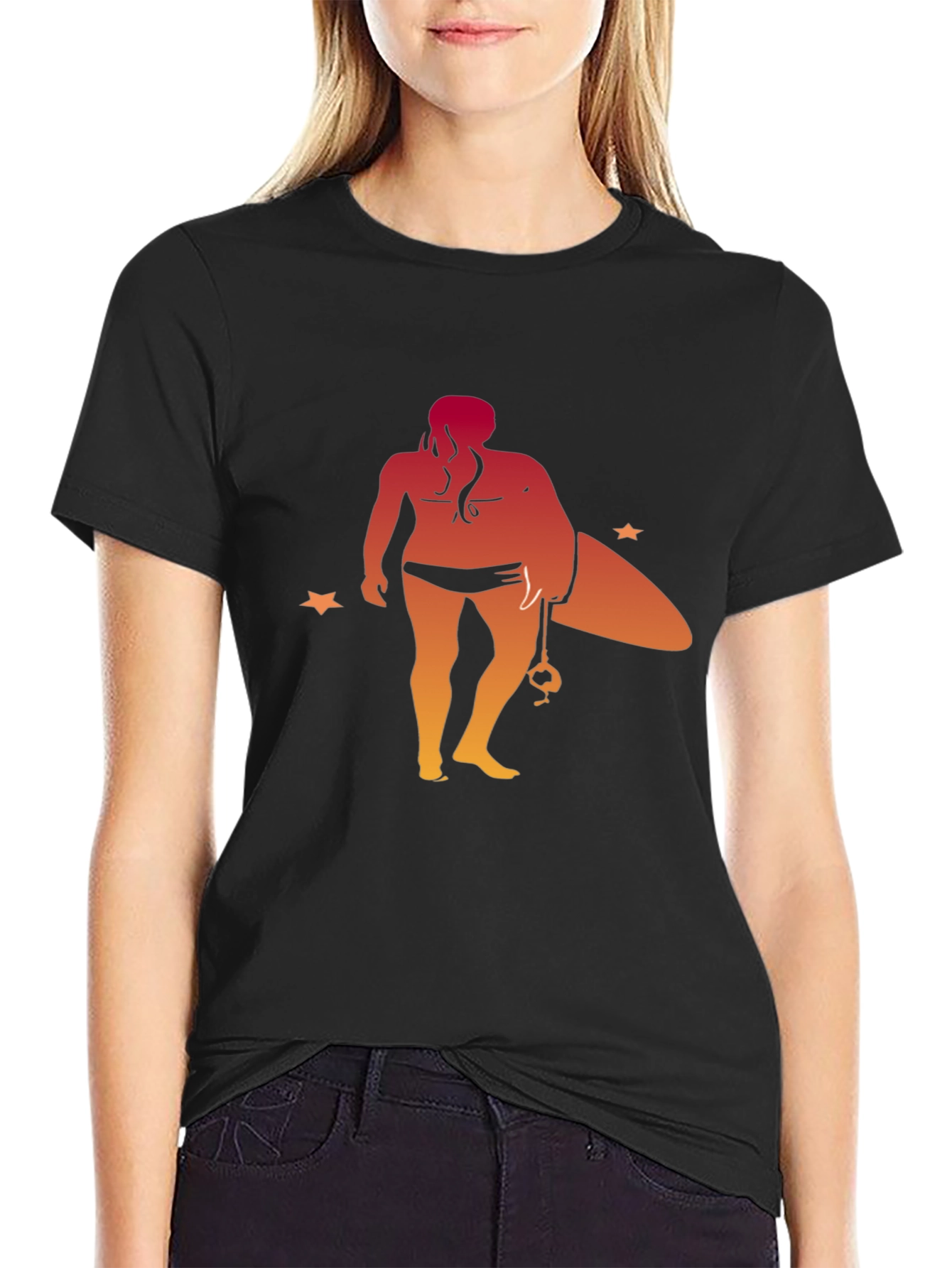Surfer Girl Graphic Tee - Black Cotton T-Shirt