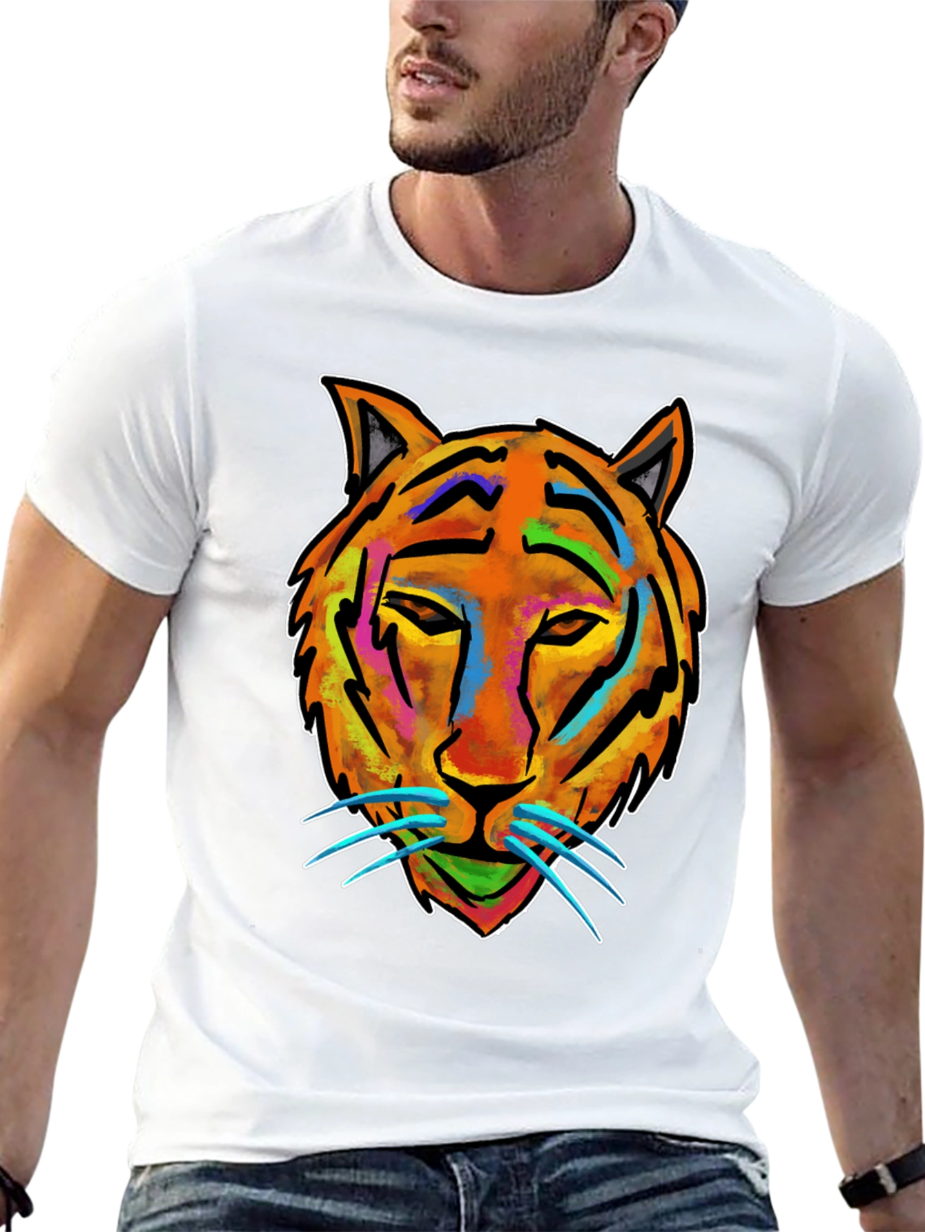 Vibrant Tiger Graphic Tee - Mens Black Cotton T-Shirt