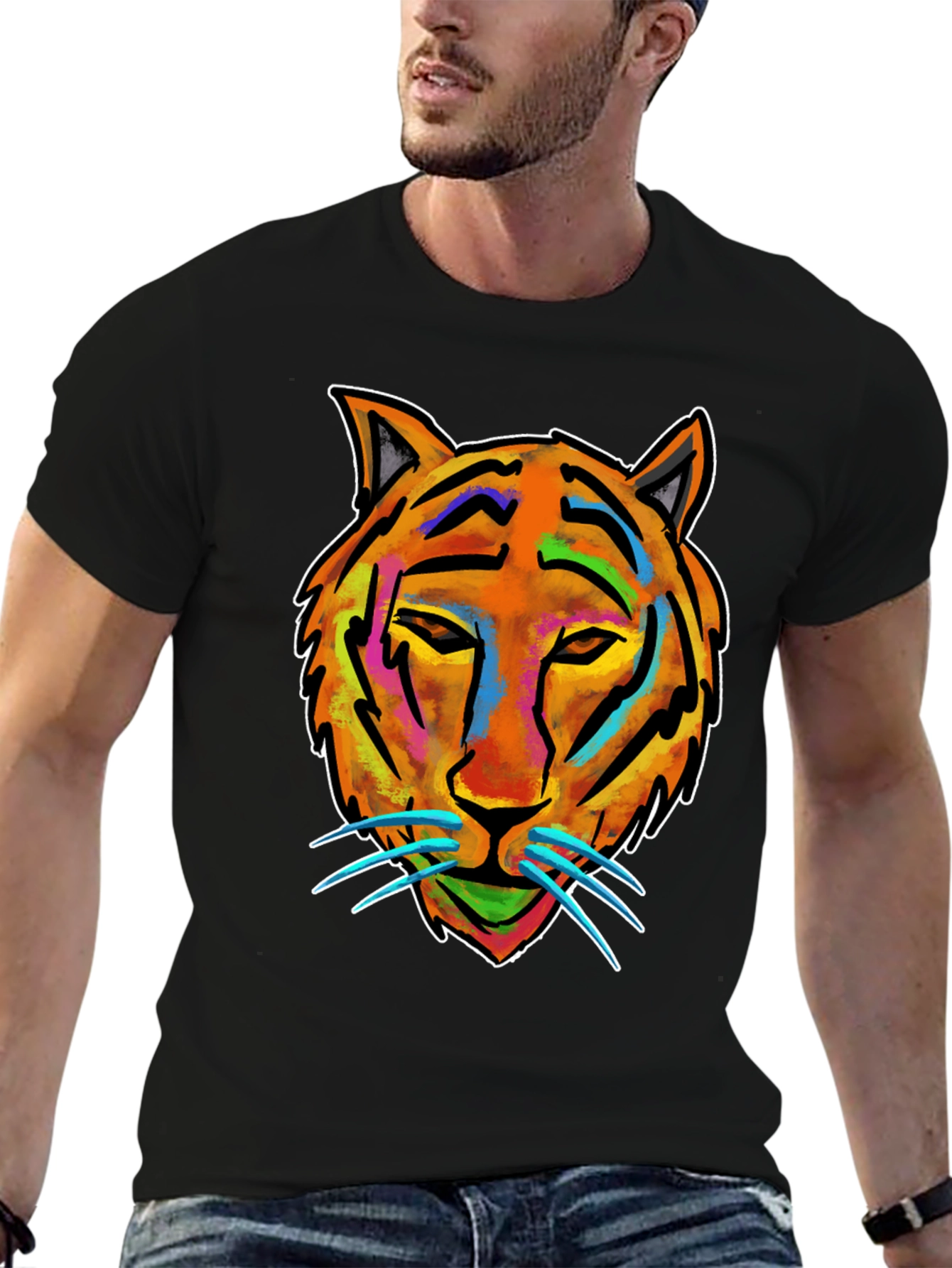 Vibrant Tiger Graphic Tee - Mens Black Cotton T-Shirt