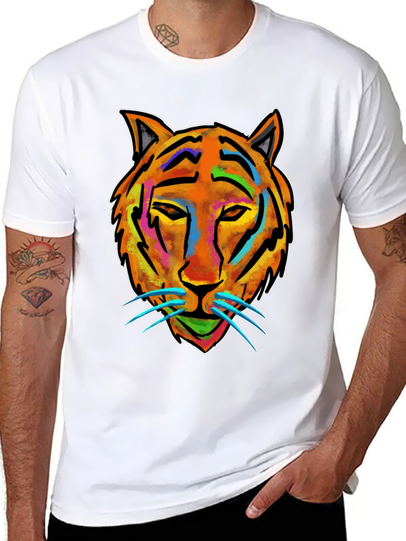 Vibrant Tiger Graphic Tee - Mens Black Cotton T-Shirt