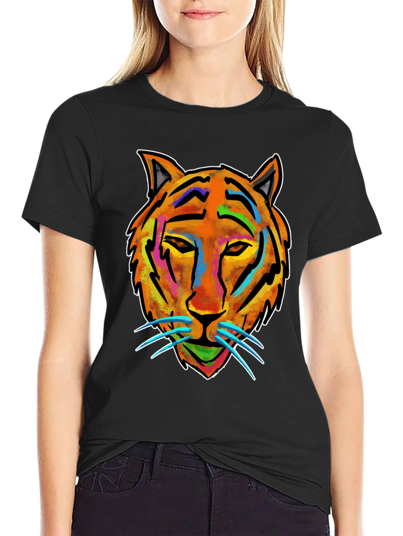 Vibrant Tiger Graphic Tee - Mens Black Cotton T-Shirt