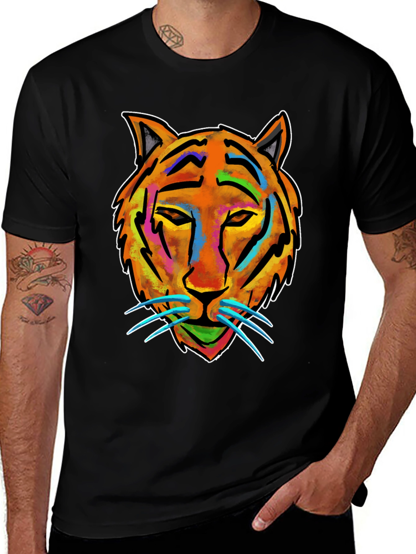 Vibrant Tiger Graphic Tee - Mens Black Cotton T-Shirt