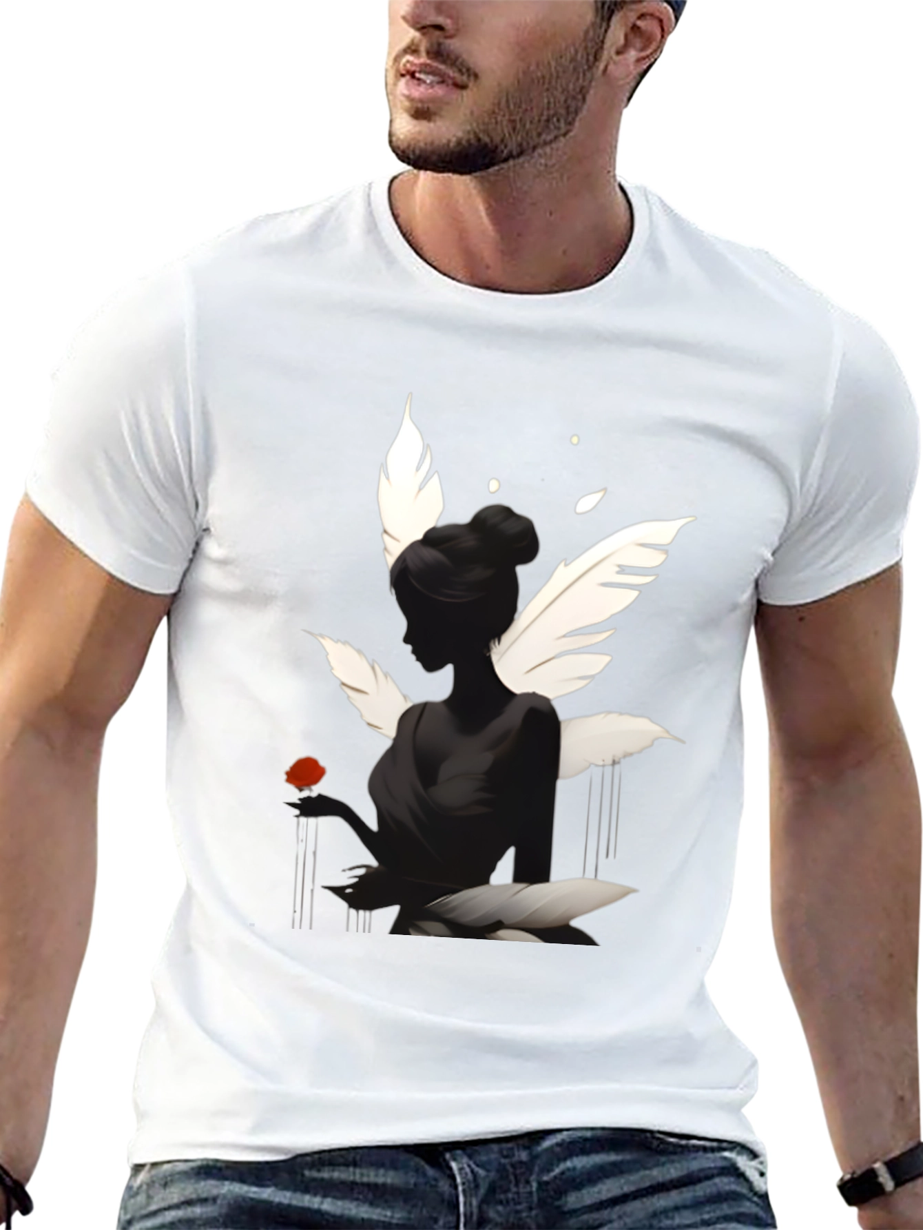 Elegant Black T-Shirt with Swan Inspired Graphic