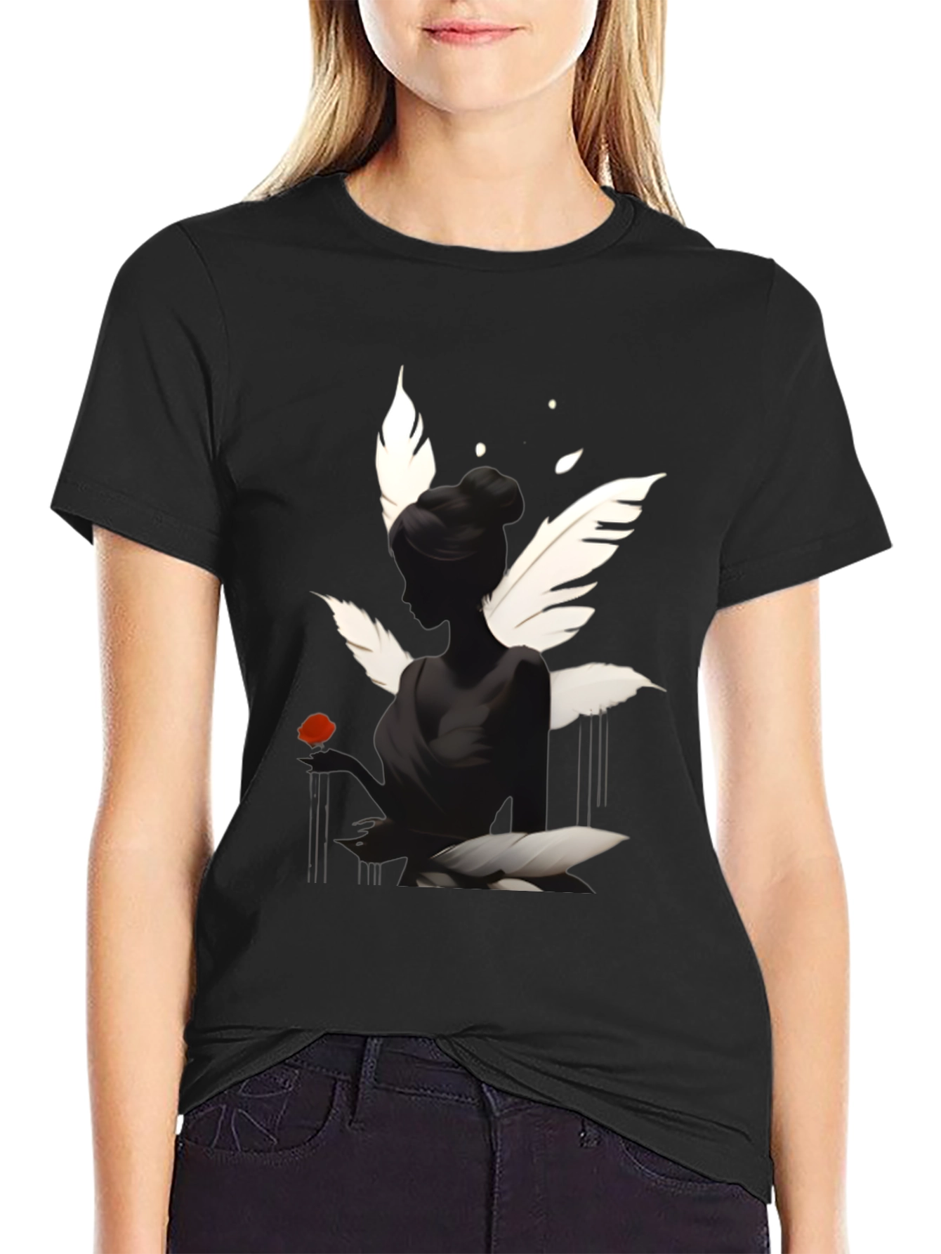 Elegant Black T-Shirt with Swan Inspired Graphic