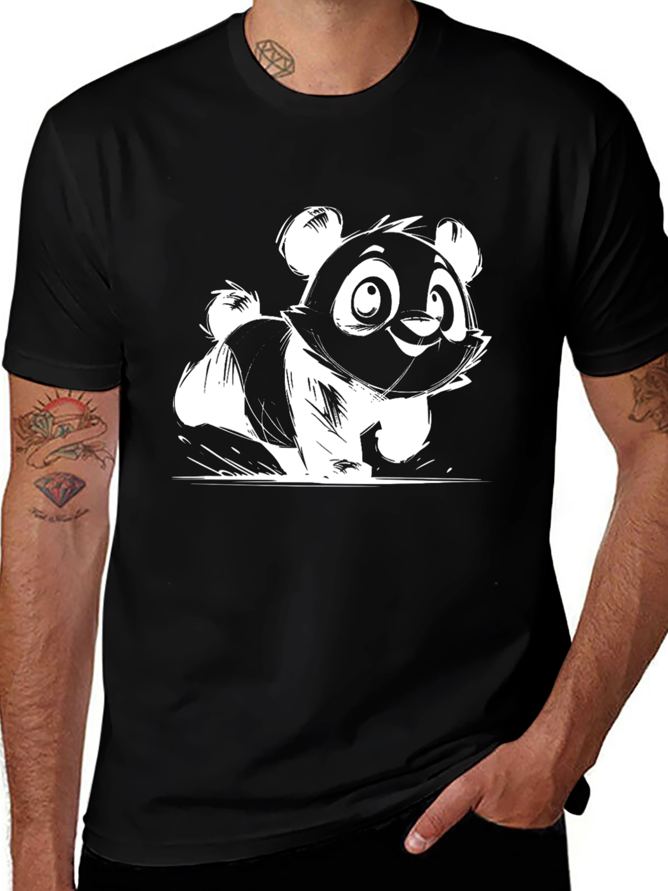 Cute Panda Graphic Tee - Black Cotton Blend