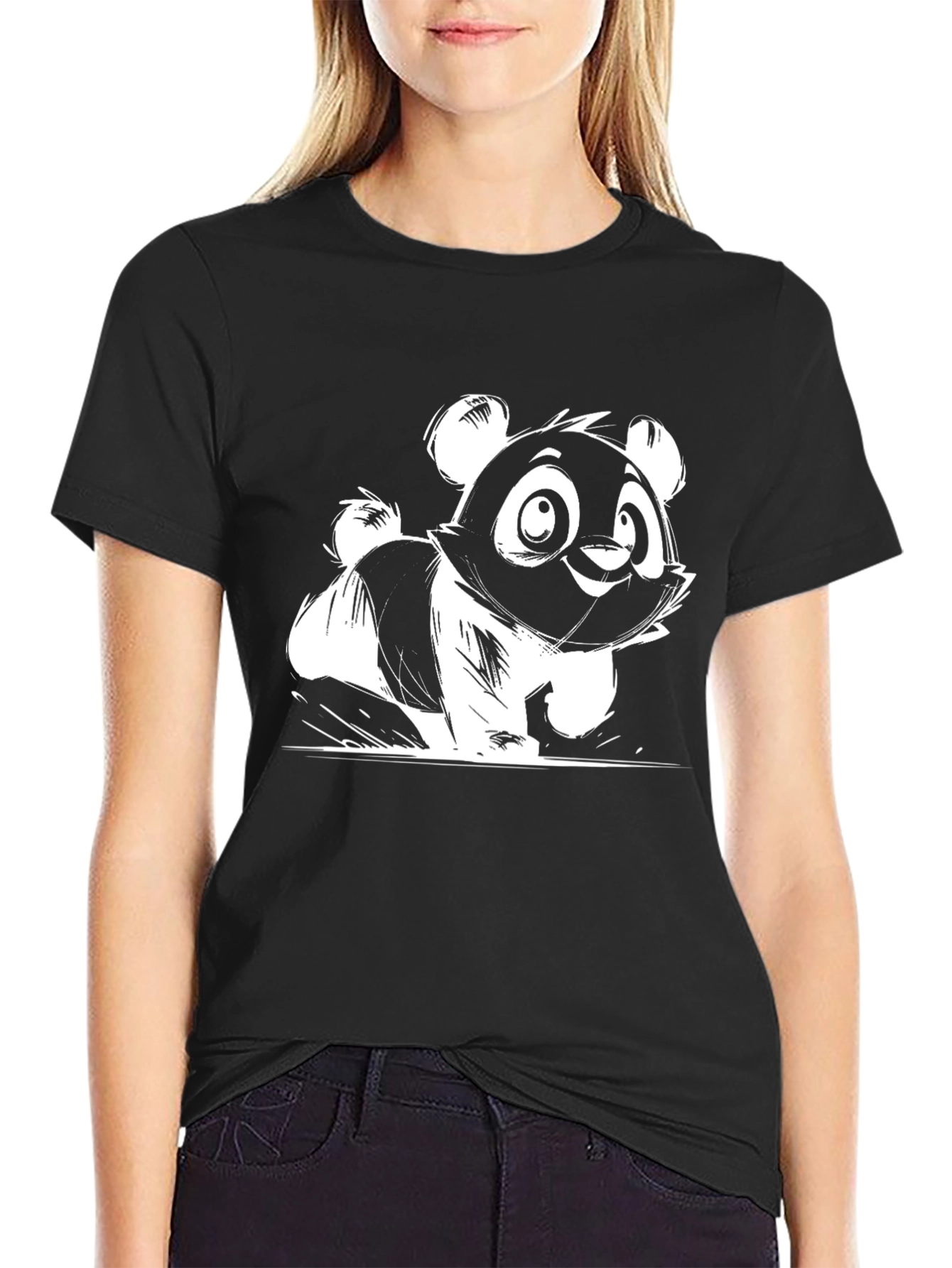 Cute Panda Graphic Tee - Black Cotton Blend
