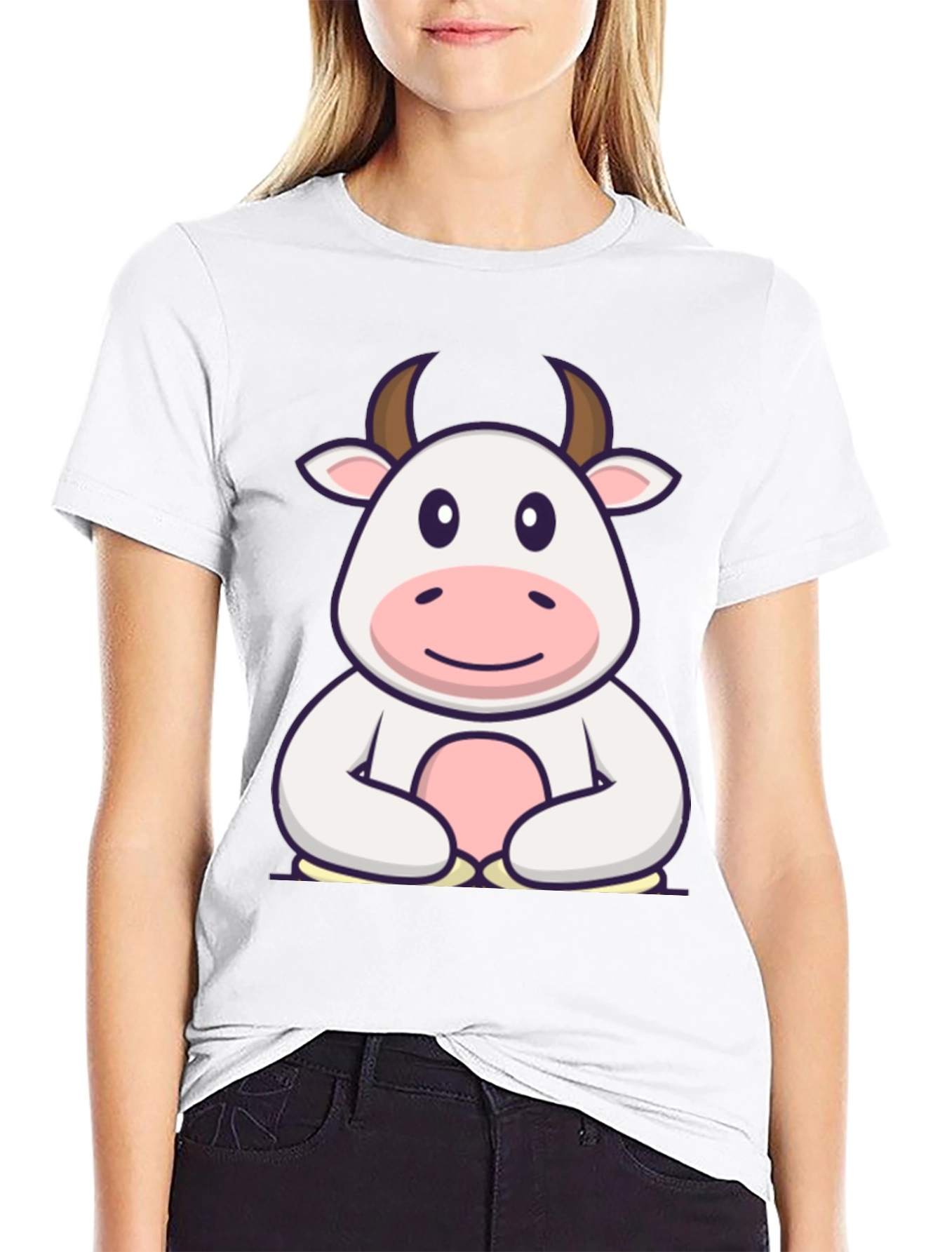 Cute Cartoon Cow Graphic Black T-Shirt
