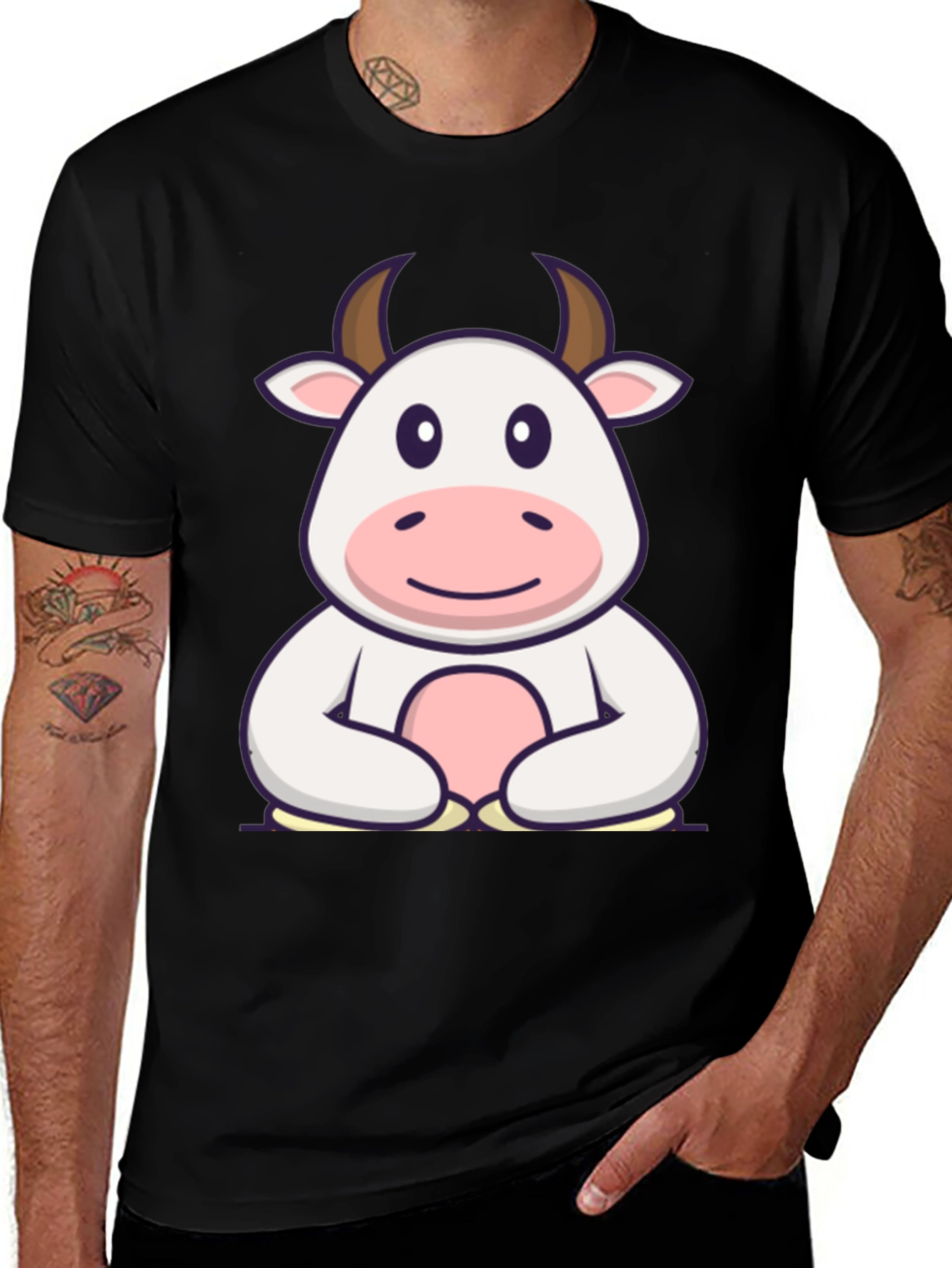 Cute Cartoon Cow Graphic Black T-Shirt