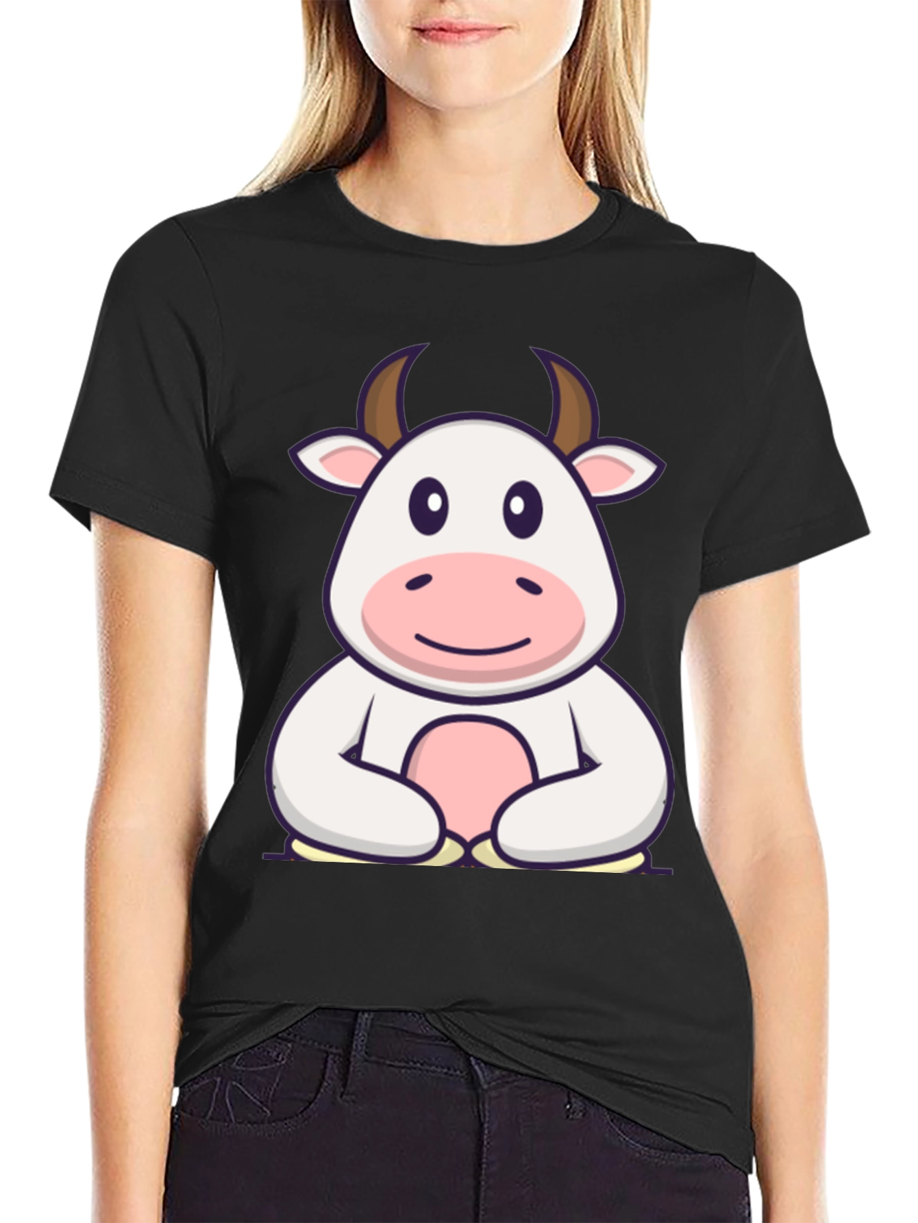 Cute Cartoon Cow Graphic Black T-Shirt